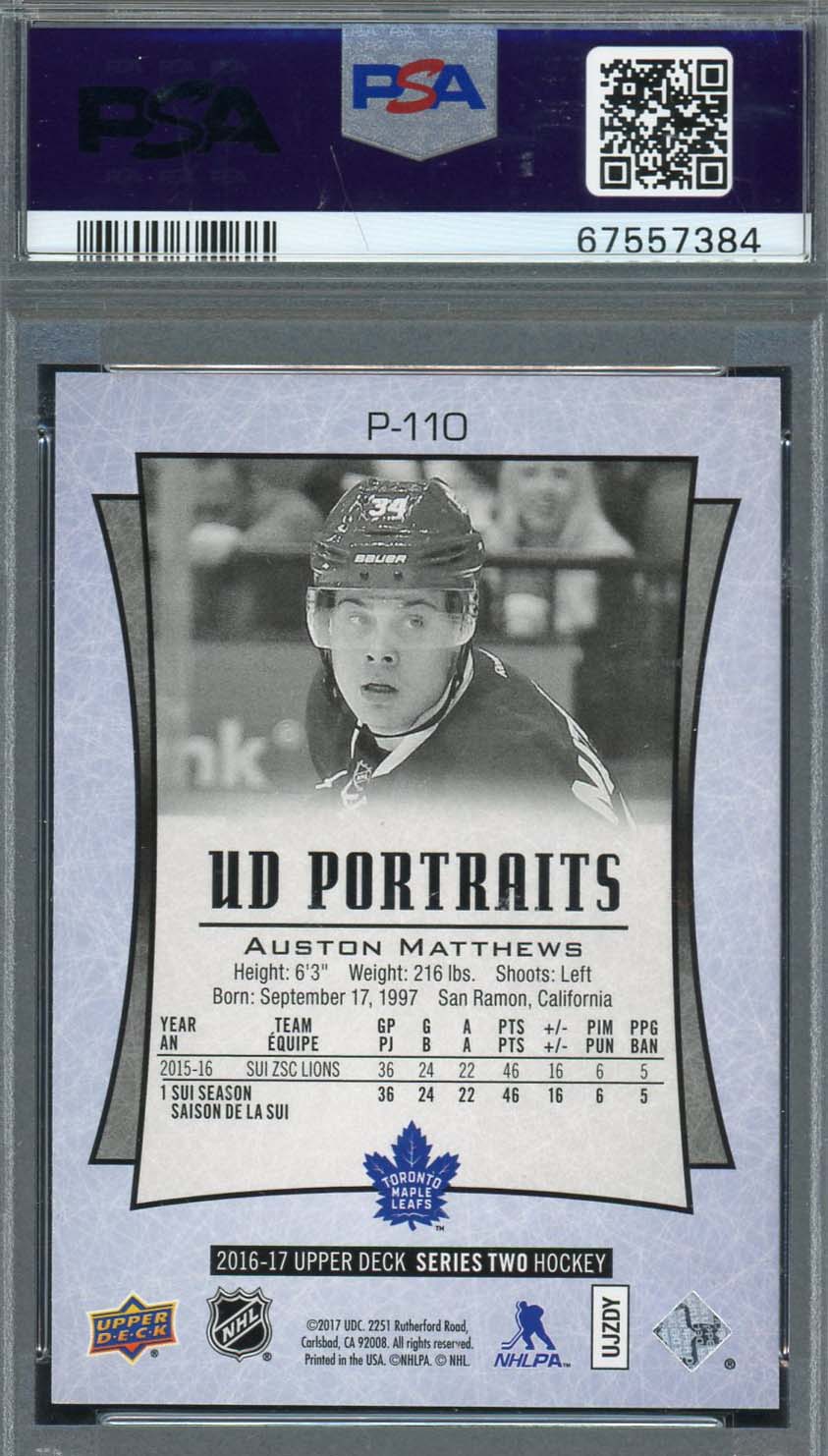Auston Matthews 2016 Upper Deck Portraits Rookie Card #P-110 Graded PSA 10 - Image 2