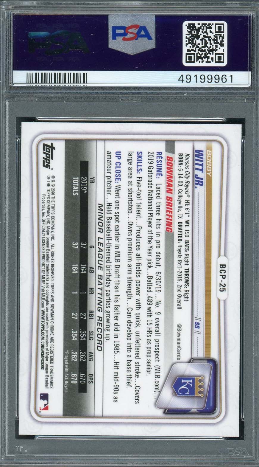 Bobby Witt Jr 2020 Bowman Chrome Prospects Rookie Card #BCP25 Graded PSA 9 - Image 2