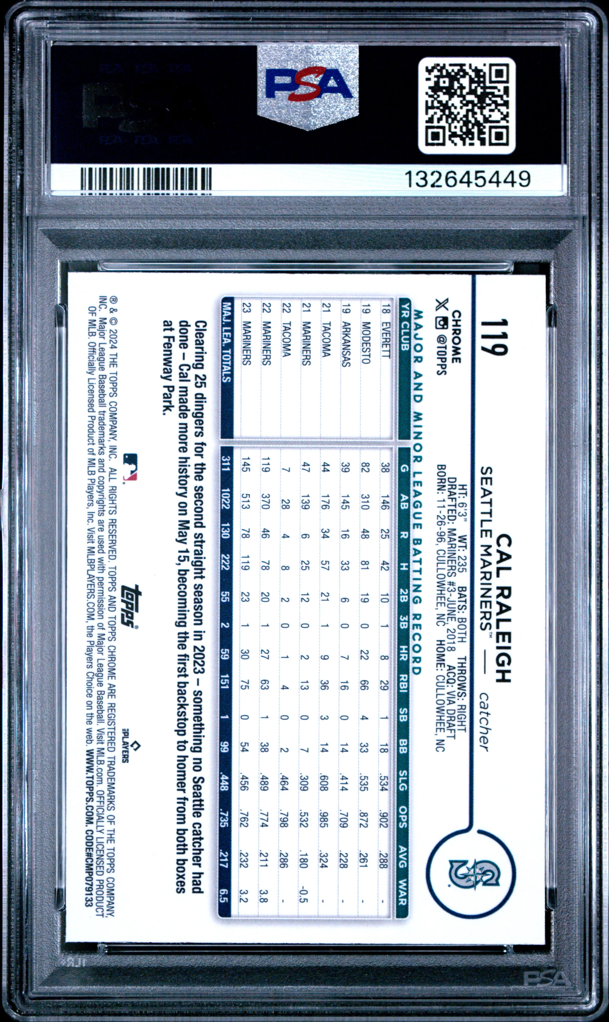 Cal Raleigh 2024 Topps Chrome Logofractor Edition Baseball Card #119 Graded PSA 10 Cert #132645449 - Image 2