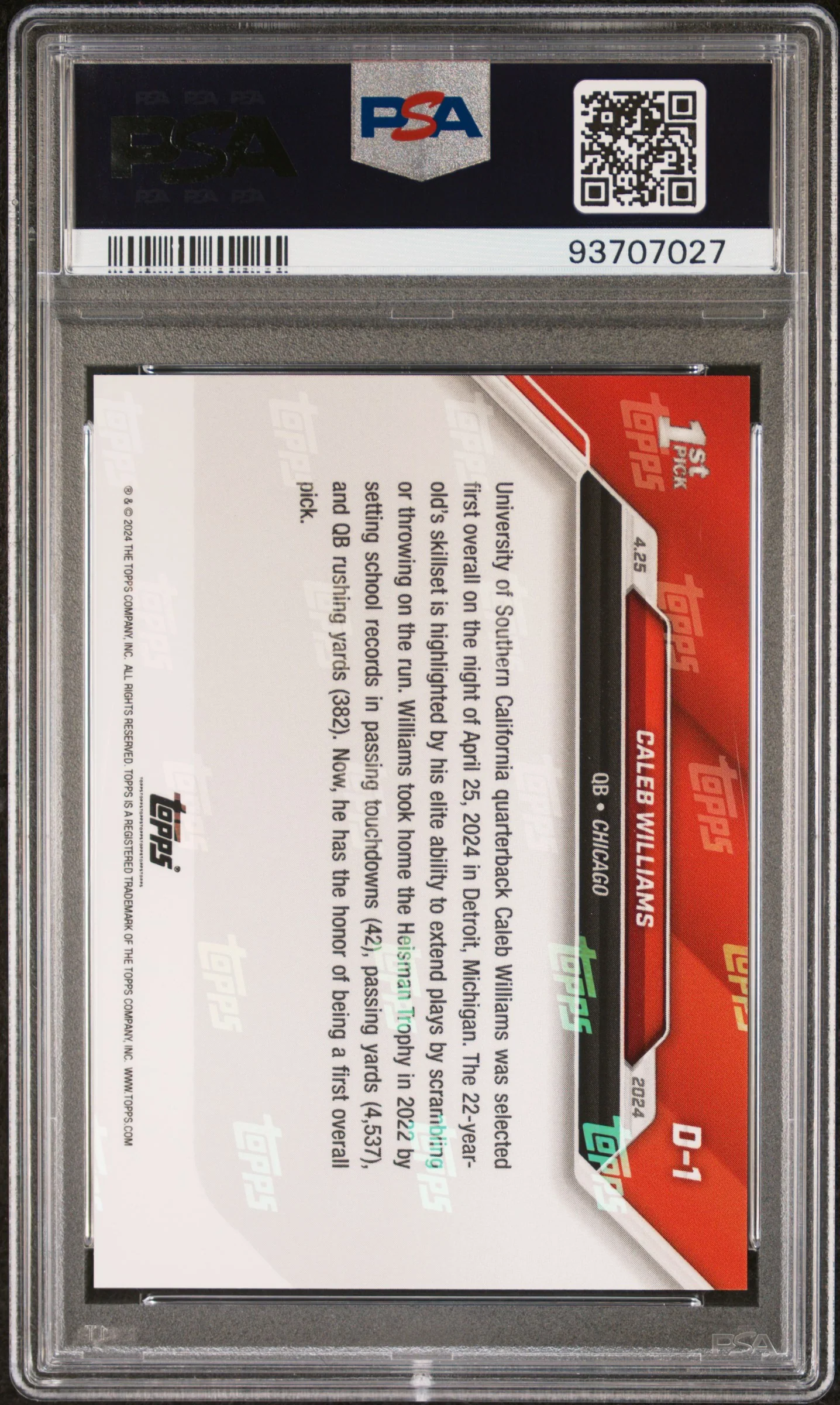 Caleb Williams 2024 Topps Now Rookie Football Card #D1 Graded PSA 10 Cert #93707027 - Image 2