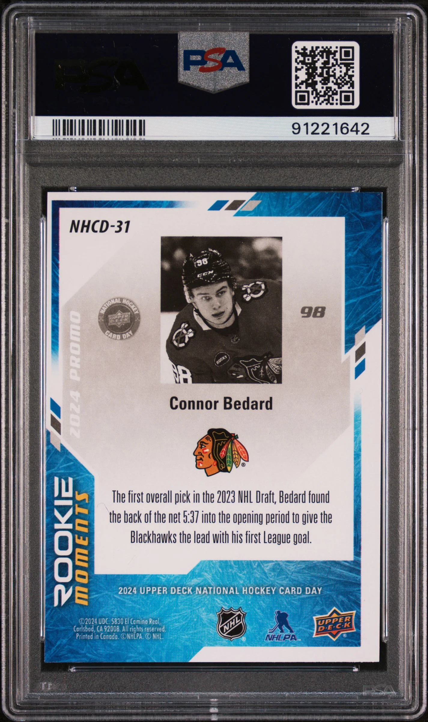 Connor Bedard 2024 Upper Deck NHCD Hockey Rookie Card #NHCD31 Graded PSA 10 Cert #91221642 - Image 2