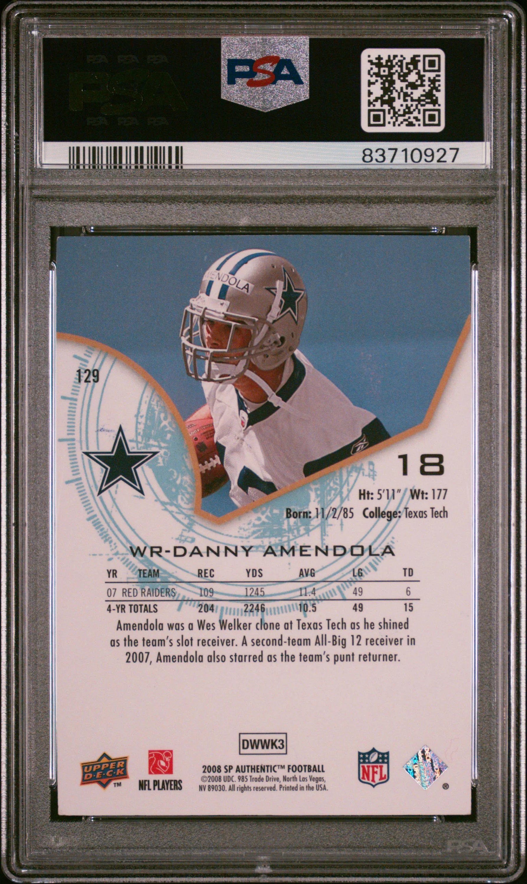 Danny Amendola 2008 SP Authentic Rookie Card #129 Auto Graded PSA 8 375/1399 - Image 2
