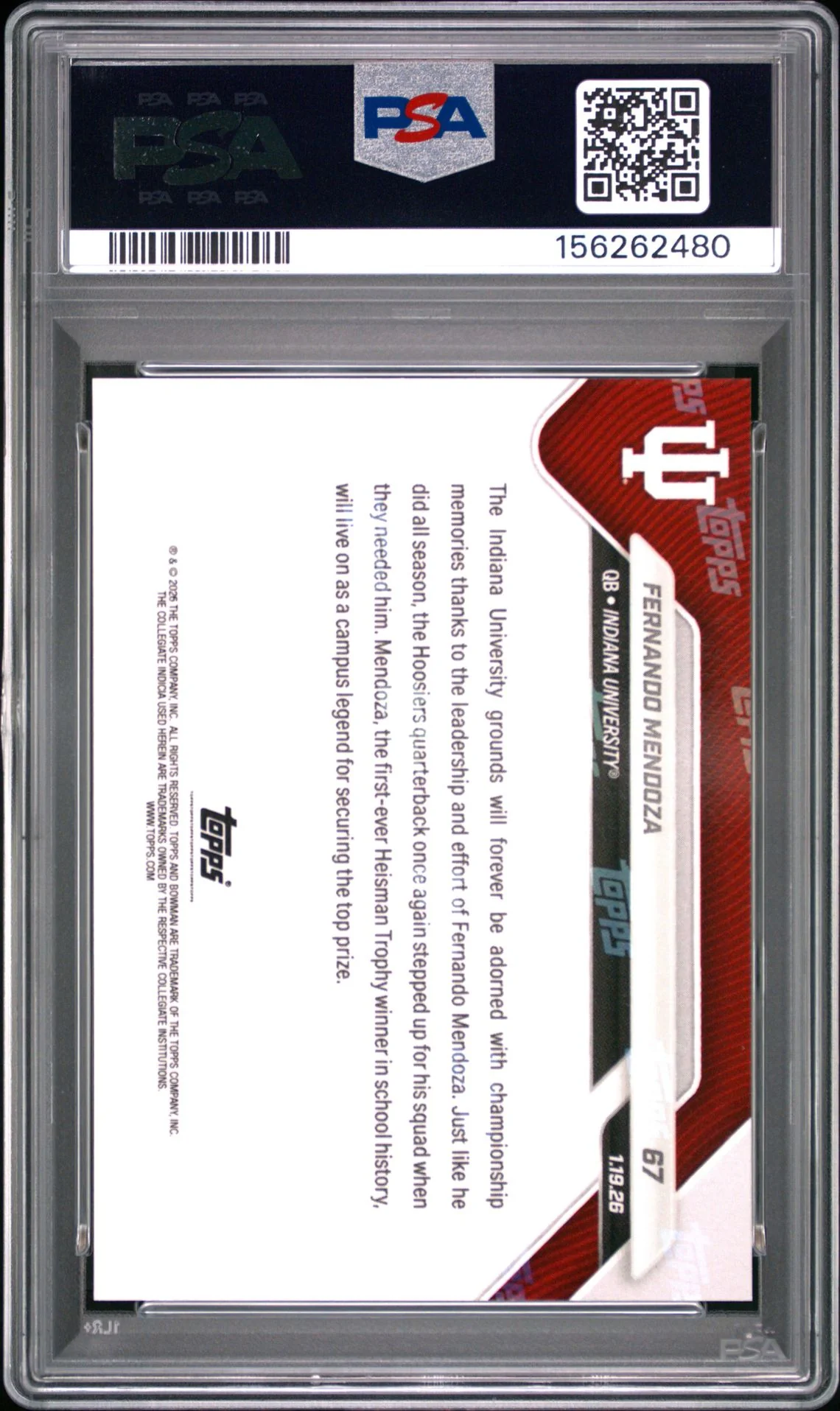 Fernando Mendoza 2025 Bowman U Now Indiana Hoosiers 1st National Championship Football RC Rookie Card #67 Graded PSA 10 Cert #156262480 - Image 2