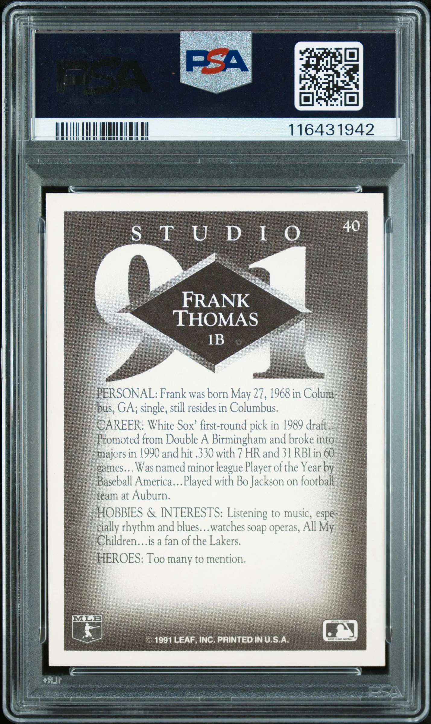 Frank Thomas 1991 Studio Chicago White Sox Signed Baseball Card #40 Graded PSA Authentic Auto 7 Cert #116431942 - Image 2