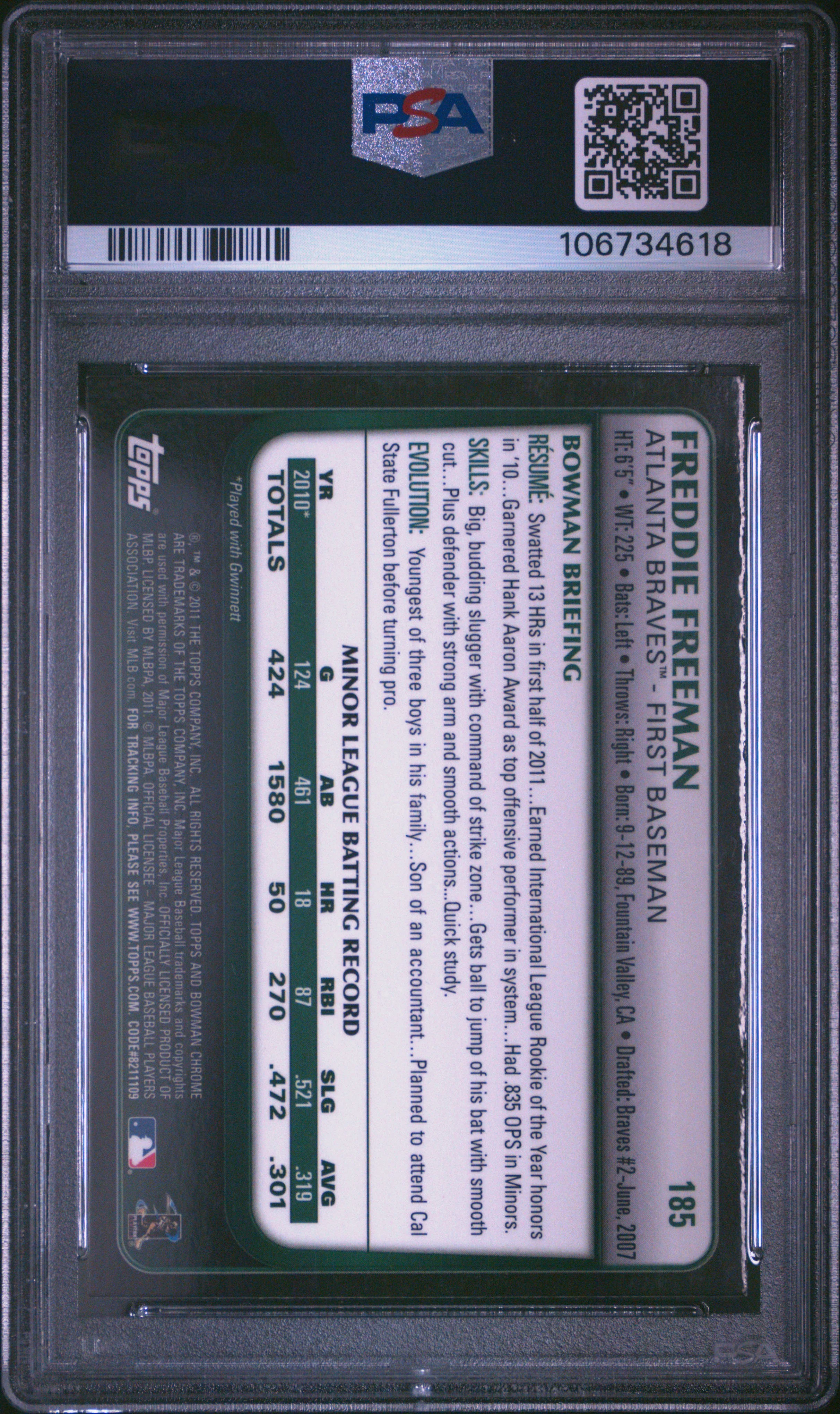 Freddie Freeman 2011 Bowman Chrome Baseball Rookie Card #185 Graded PSA 8 Cert #106734618 - Image 2