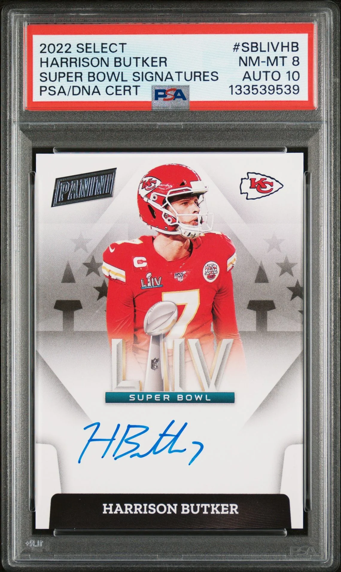 Harrison Butker 2022 Panini Select Super Bowl Signatures Signed Football Card #SBLIVHB Graded PSA 8 Auto 10 Cert #133539539