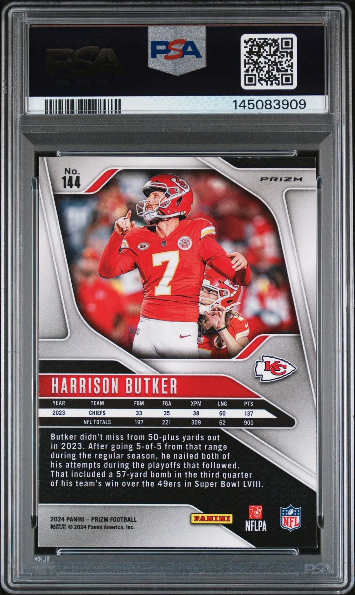 Harrison Butker 2024 Panini Prizm Red Kansas City Chiefs Signed Football Card #144 Auto 10 Graded PSA 8 Cert #145083909 - Image 2