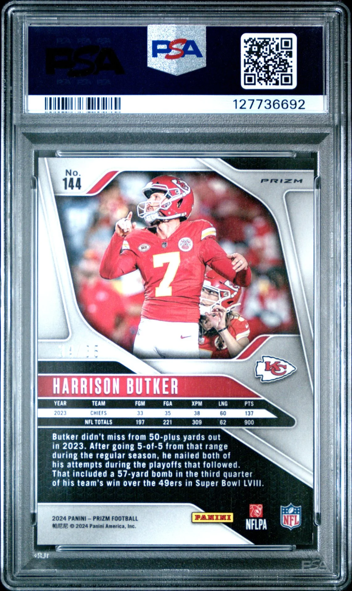 Harrison Butker 2024 Prizm Red Shimmer Football Card #144 Graded PSA 9 /35 Cert #1277736692 - Image 2