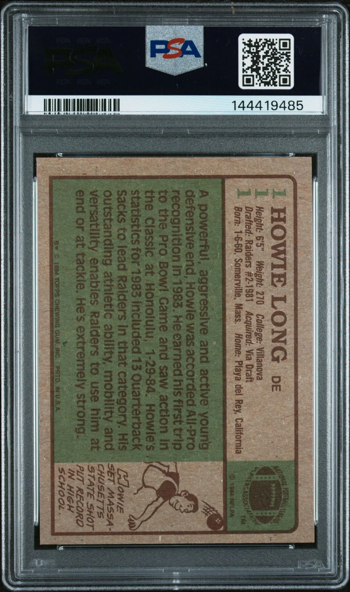Howie Long 1984 Topps Oakland Raiders Signed Football RC Rookie Card #111 Graded PSA 9 PD Auto 10 Cert #144419485 - Image 2