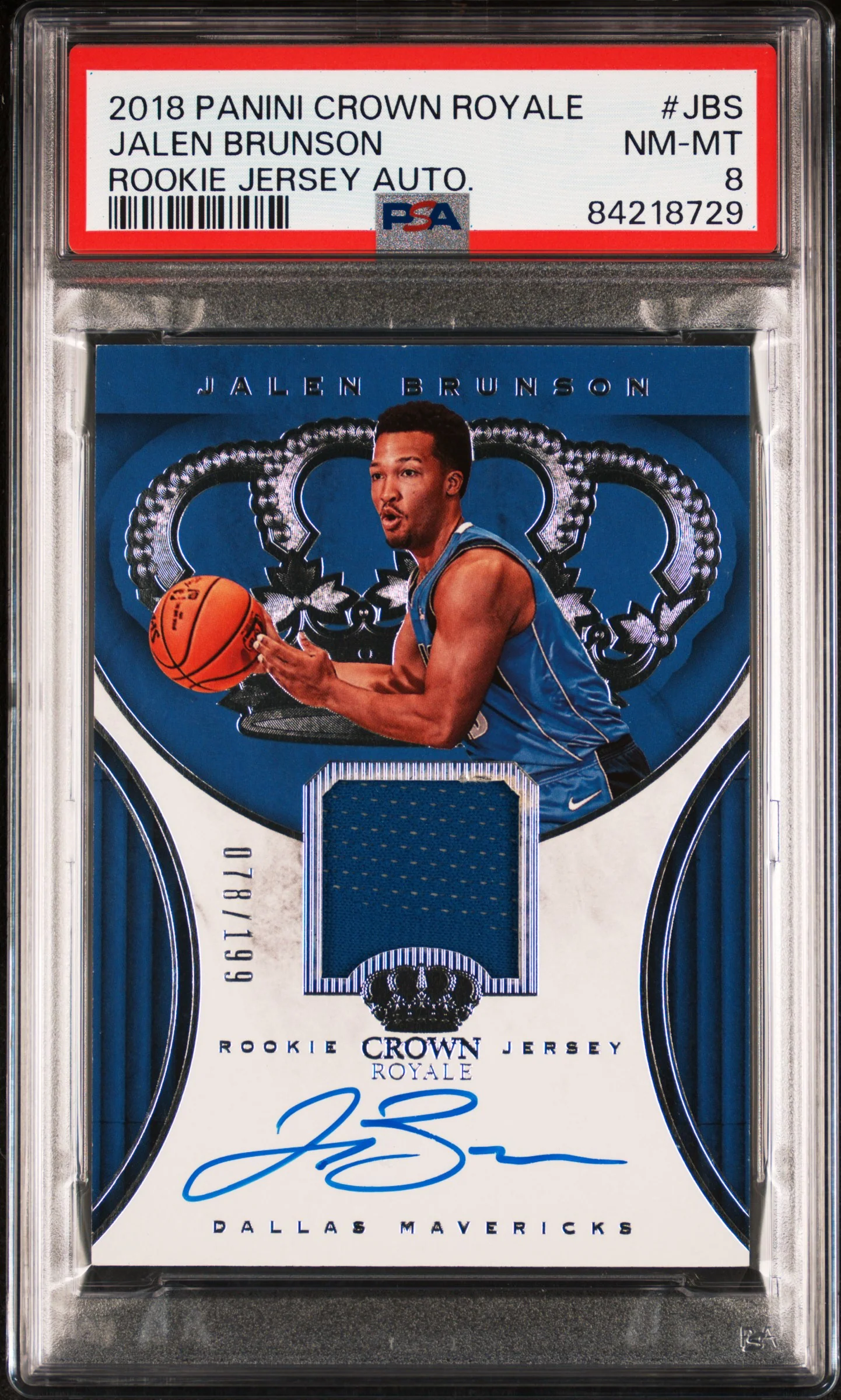 Jalen Brunson 2018 Panini Crown Royale Player Worn Jersey Auto Dallas Mavericks Signed Basketball RC Rookie Card #JBS 78/199 Graded PSA 8 Cert #84218729