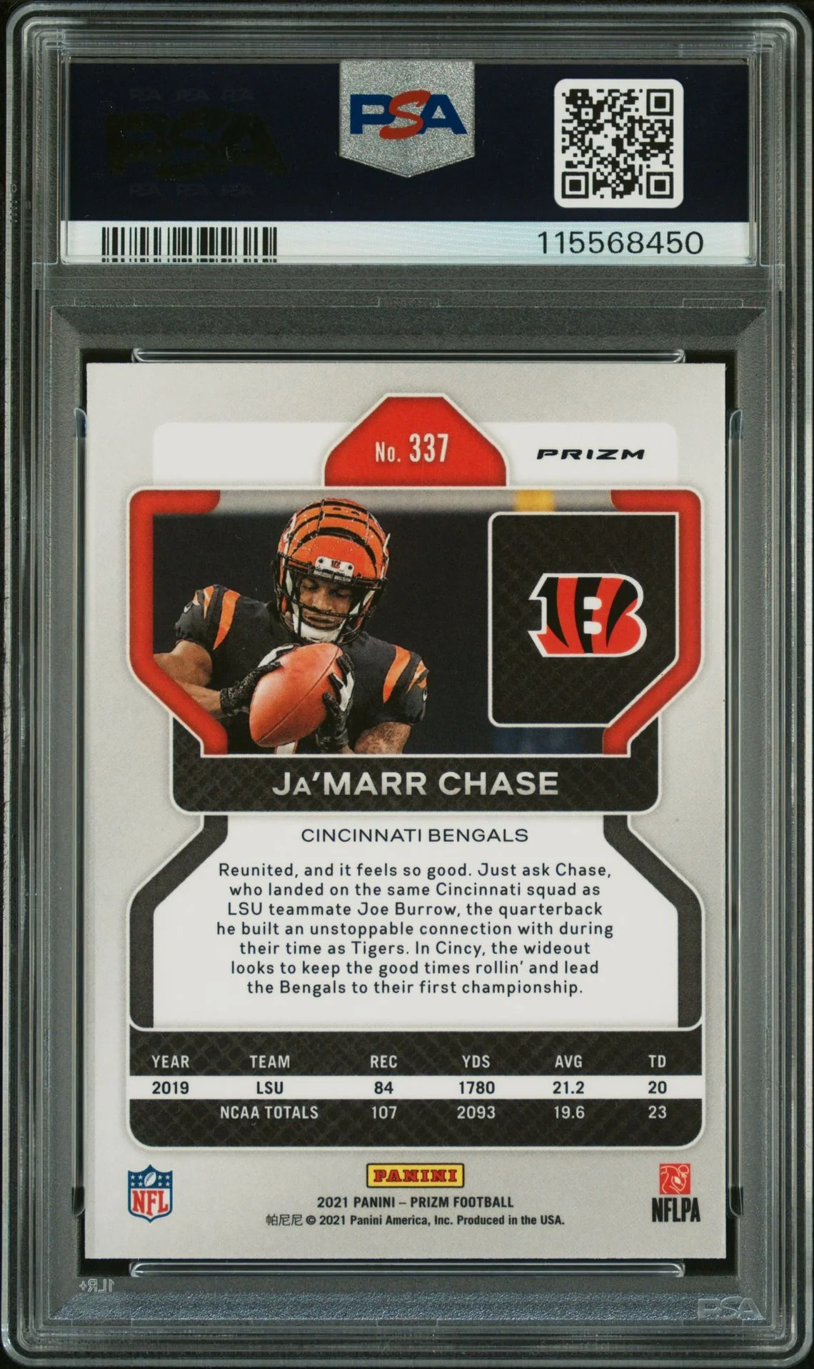Ja'Marr Chase 2021 Panini Prizm Orange Ice Signed Football Rookie Card #337 Graded PSA 8 Auto 10 Cert # 115568450 - Image 2