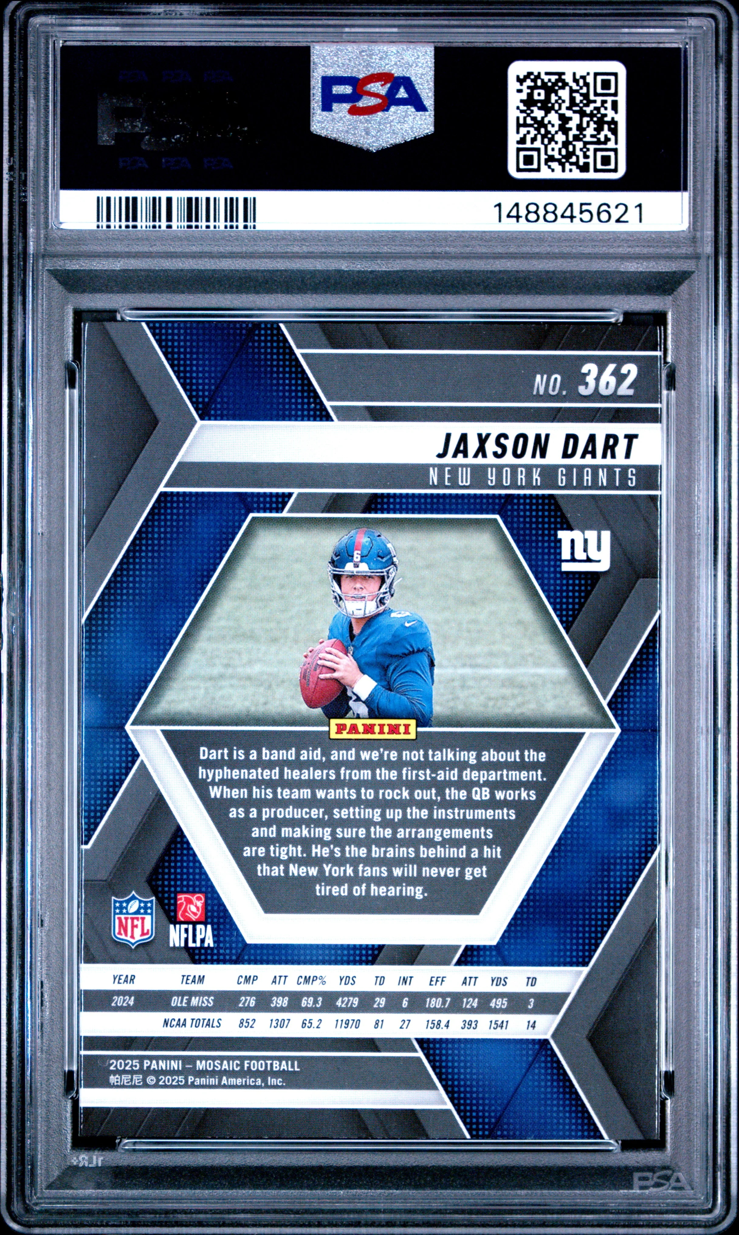 Jaxson Dart 2025 Panini Mosaic New York Giants Football RC Rookie Card #362 Graded PSA 10 Cert #148845621 - Image 2