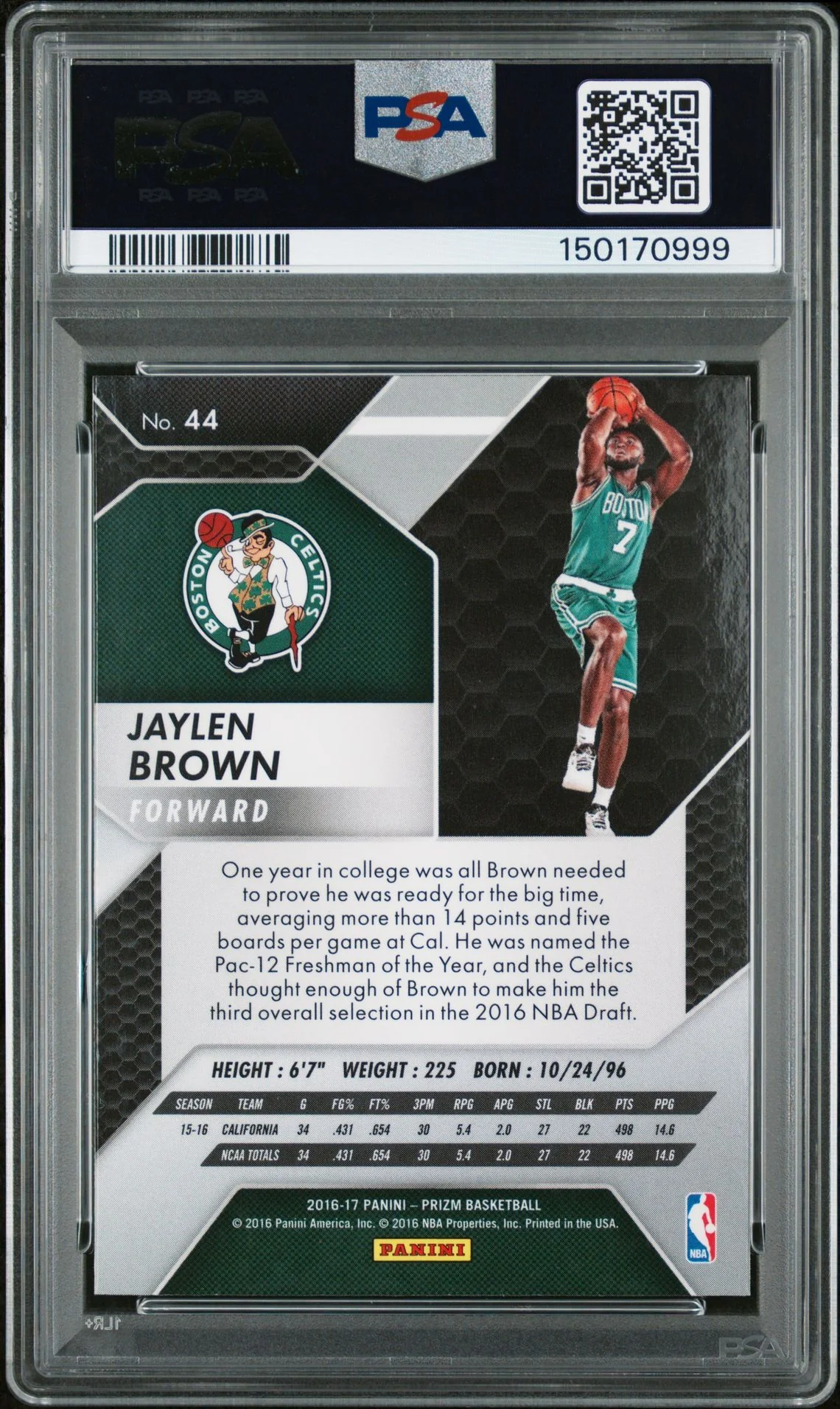 Jaylen Brown 2016 Panini Prizm Boston Celtics Signed Basketball RC Rookie Card #44 Graded PSA 9 Auto 10 Cert #150170999 - Image 2