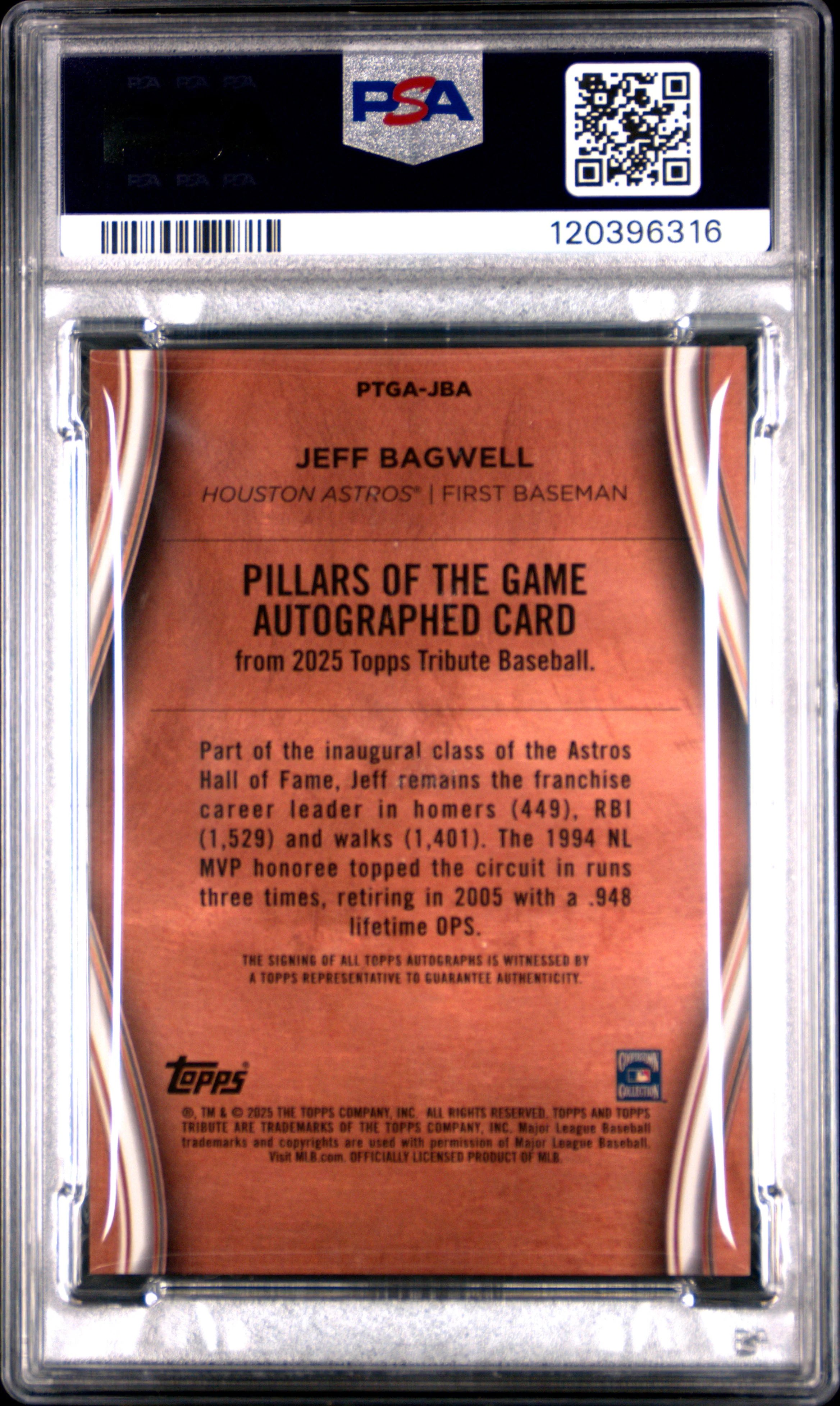 Jeff Bagwell 2025 Topps Tribute Pillars of the Game Signed Baseball Card #JBA Graded PSA Authentic 179/199 Cert #120396316 - Image 2