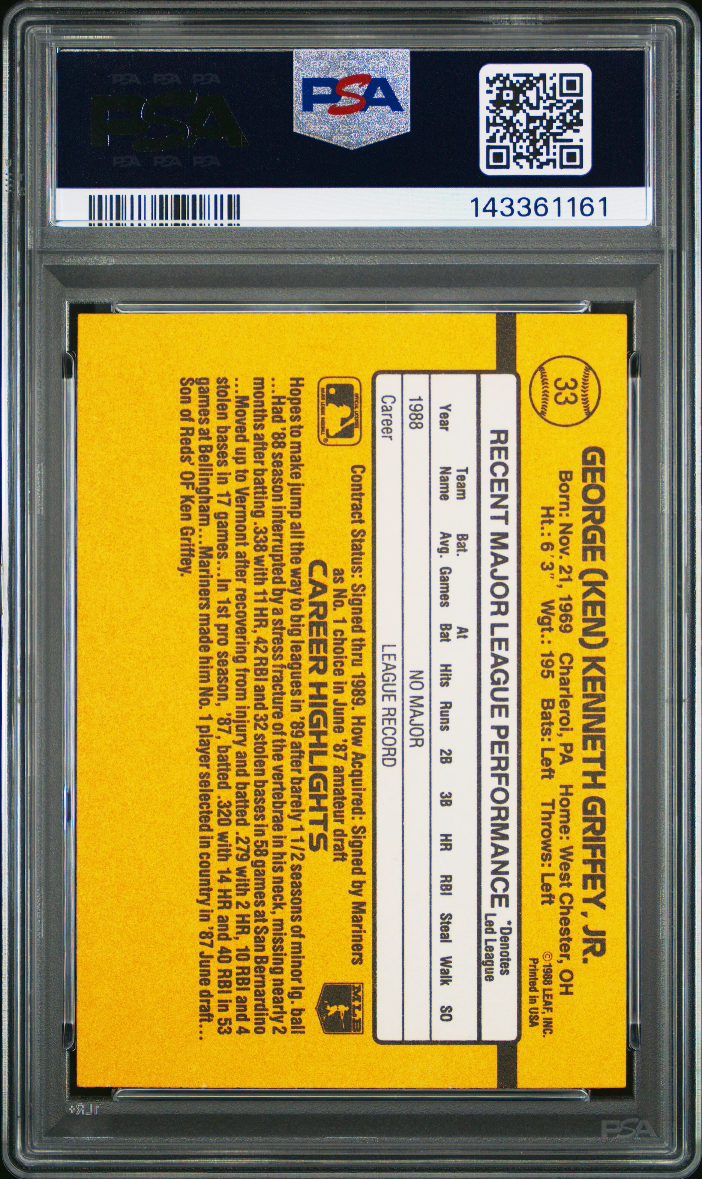 Ken Griffey Jr. 1989 Donruss Rated Rookie Seattle Mariners Baseball RC Rookie Card #33 Graded PSA 9 Cert #143361161 - Image 2