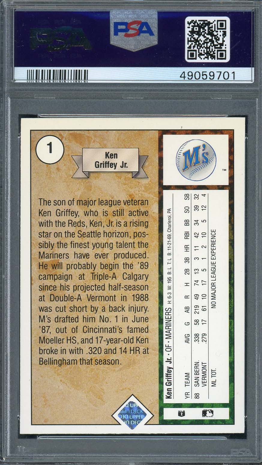 Ken Griffey Jr 1989 Upper Deck Baseball Star Rookie Card RC #1 Graded PSA 6 - Image 2