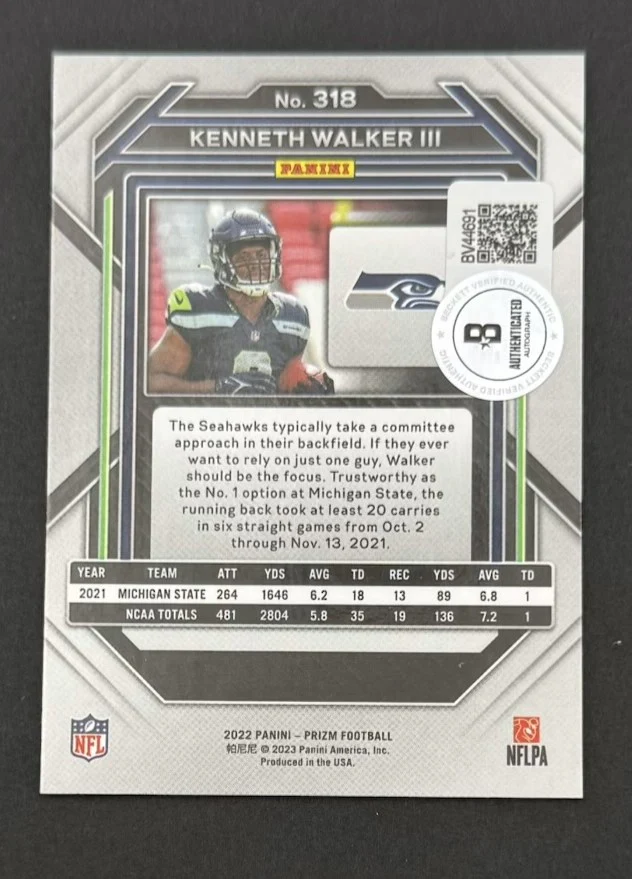 Kenneth Walker III 2022 Panini Prizm Seattle Seahawks Signed Football RC Rookie Card #318 Beckett Authenticated BV44691 - Image 2