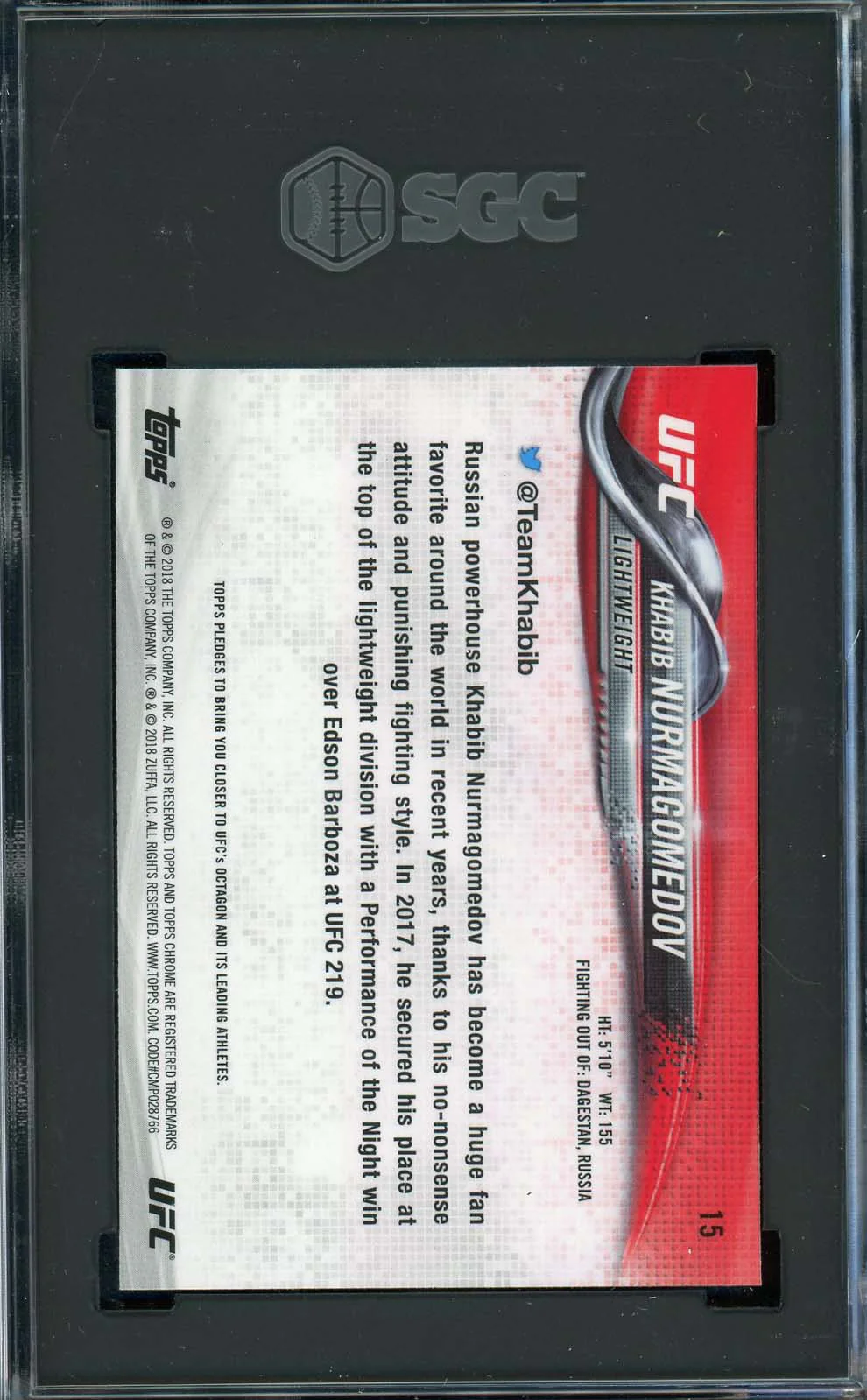 Khabib Nurmagomedov 2019 Topps Chrome UFC Card #15 Graded SGC 10 - Image 2