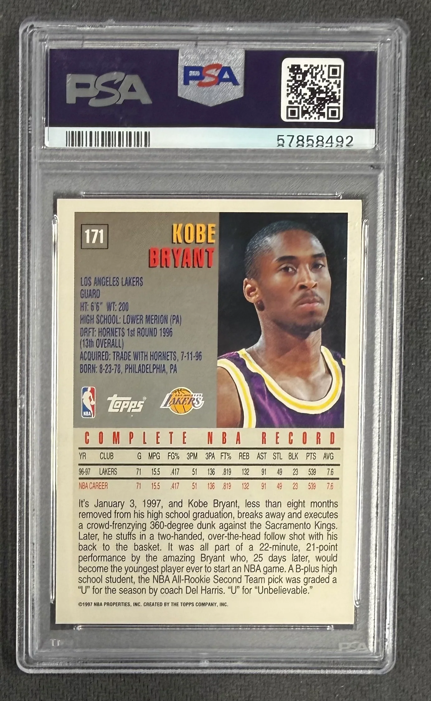 Kobe Bryant 1997 Topps Los Angeles Lakers Basketball Card #171 Graded PSA 8 Cert #57858492 - Image 2
