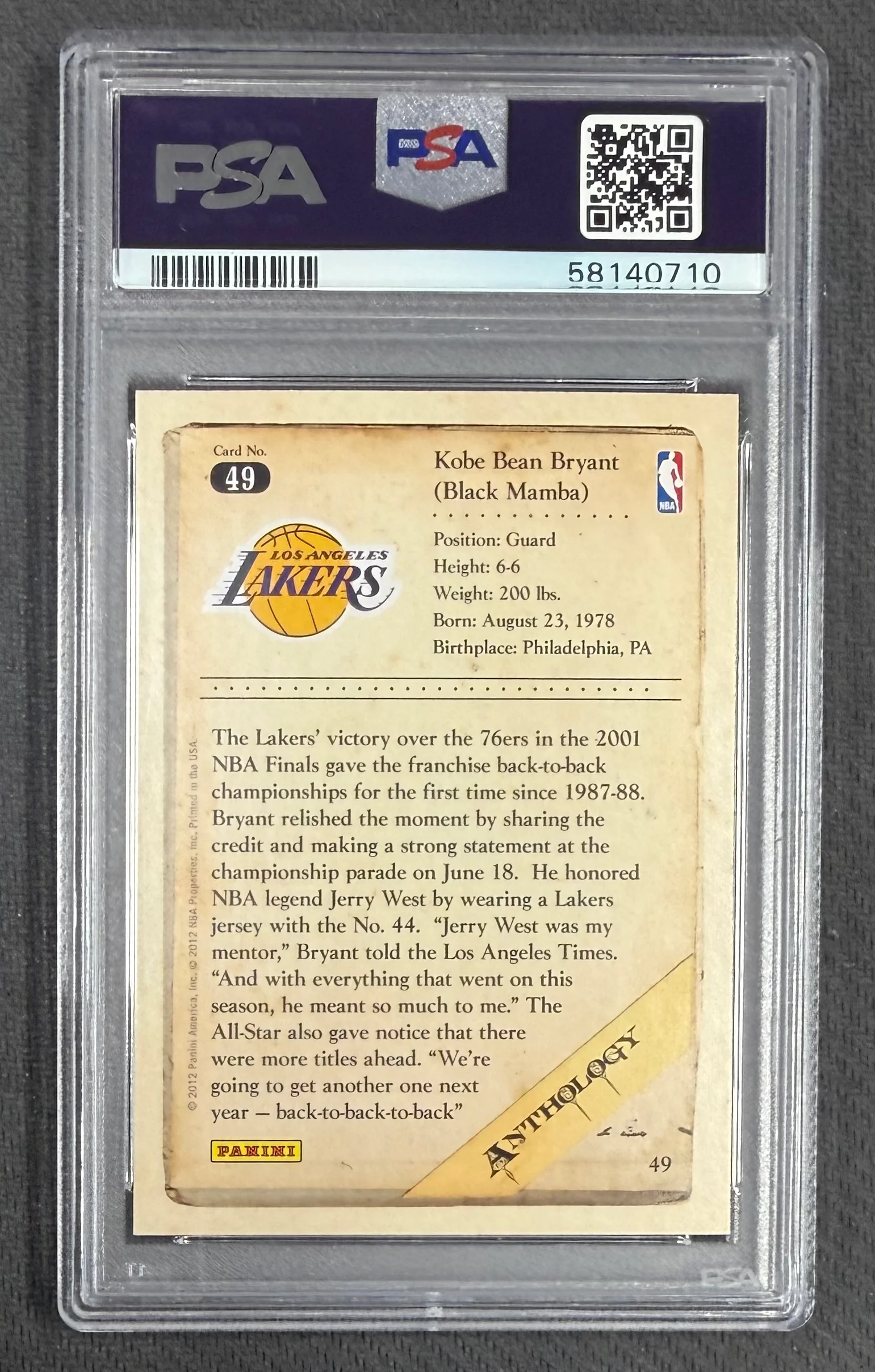 Kobe Bryant 2012 Panini Kobe Anthology Los Angeles Lakers Basketball Card #49 Graded PSA 9 Cert #58140710 - Image 2