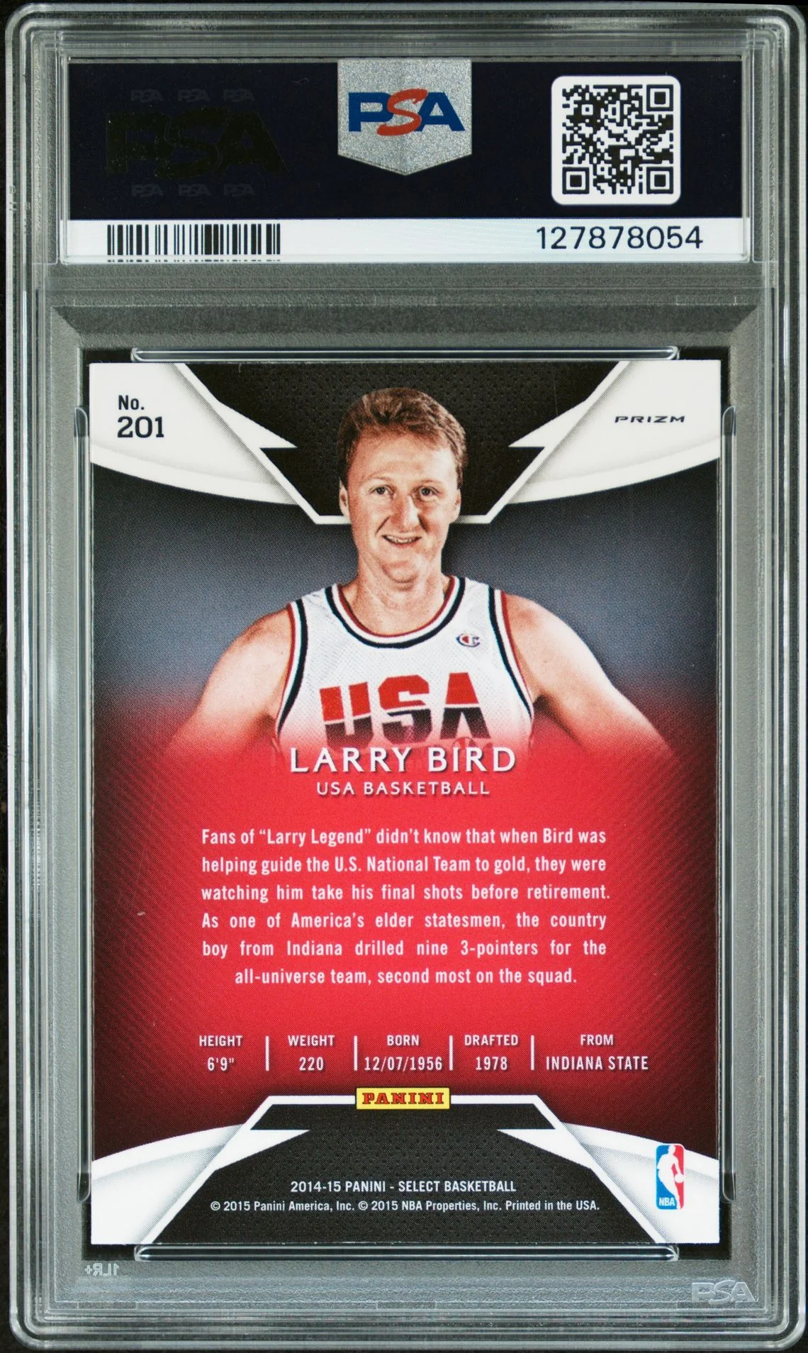 Larry Bird 2014 Panini Select Blue Silver Prizm Signed Basketball Card #201 Graded PSA 9 Auto 9 Cert #127878054 - Image 2