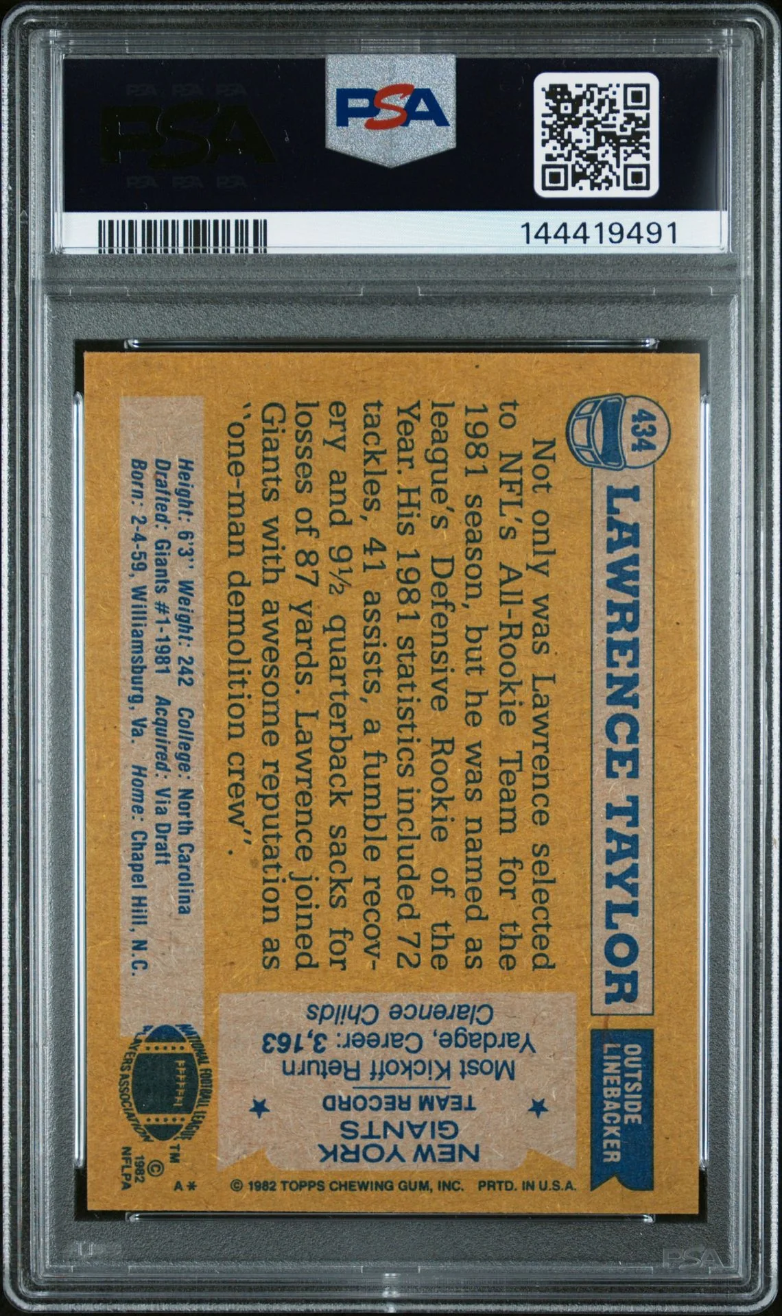 Lawrence Taylor 1982 Topps All-Pro New York Giants Signed Football RC Rookie Card #434 Graded PSA 6 Auto 10 Cert #144419491 - Image 2