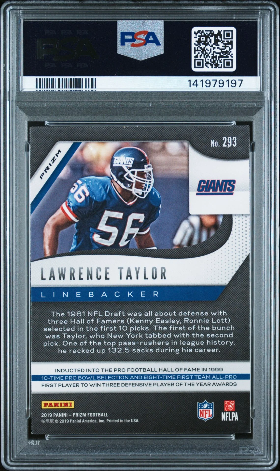 Lawrence Taylor 2019 Panini Prizm Red White Blue Signed Football Card #293 Graded PSA 7 Auto 10 Cert #141979197 - Image 2