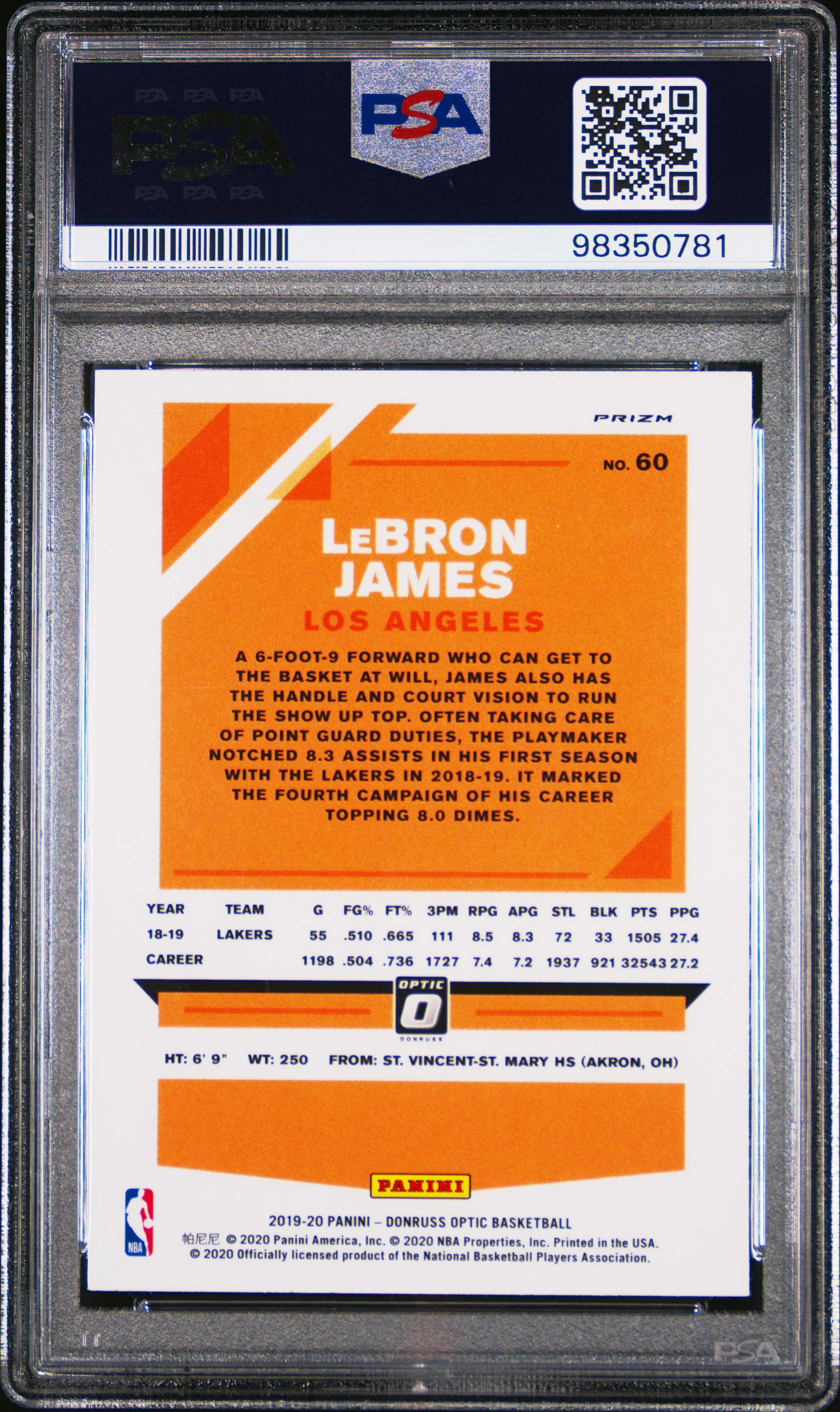 LeBron James 2019 Panini Donruss Optic Purple Card #60 Graded PSA 10 - Image 2