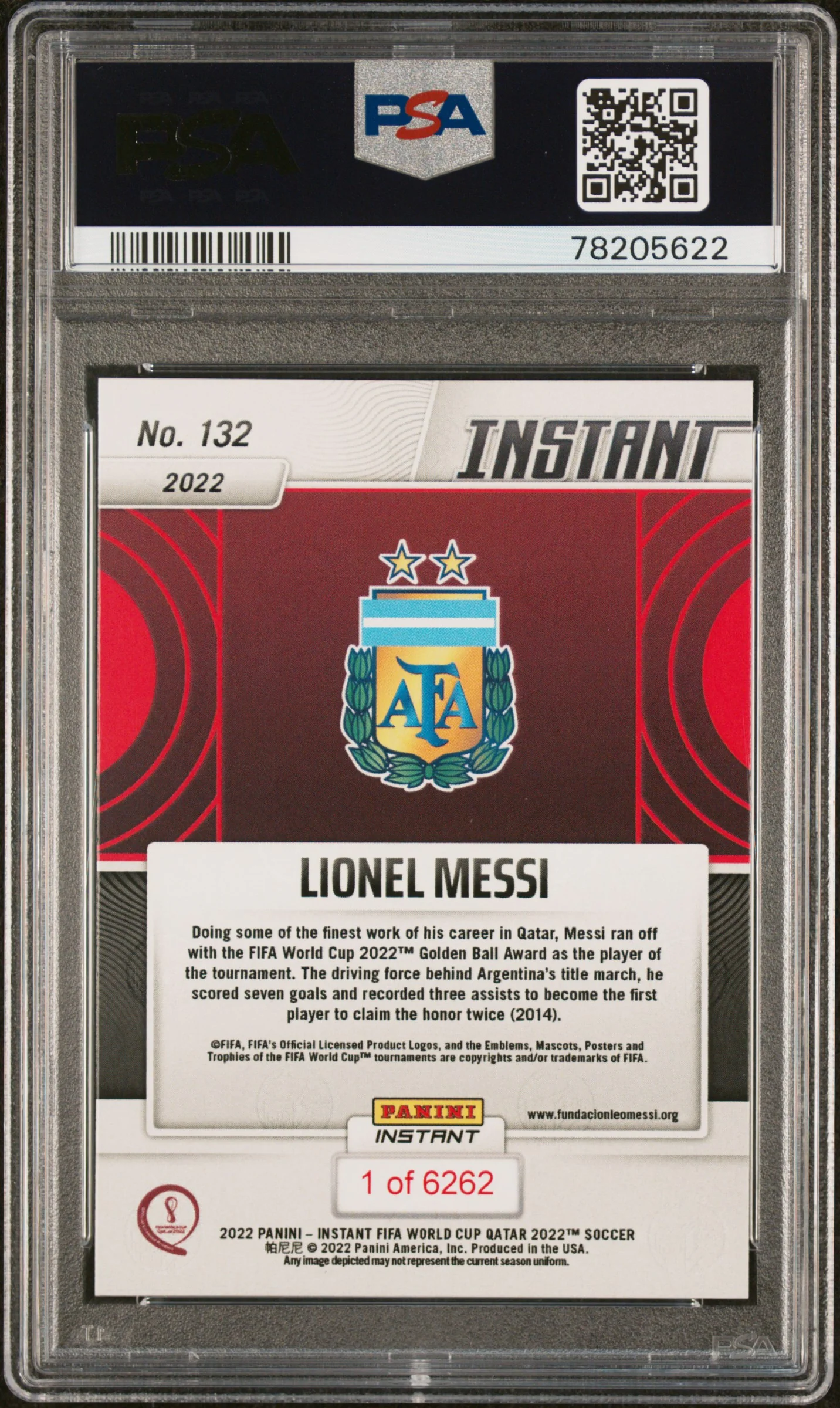 Lionel Messi 2022 Panini Instant FIFA World Cup Qatar Golden Ball Winner Argentina Soccer Card #132 Graded PSA 10 Cert #78205622 - Image 2