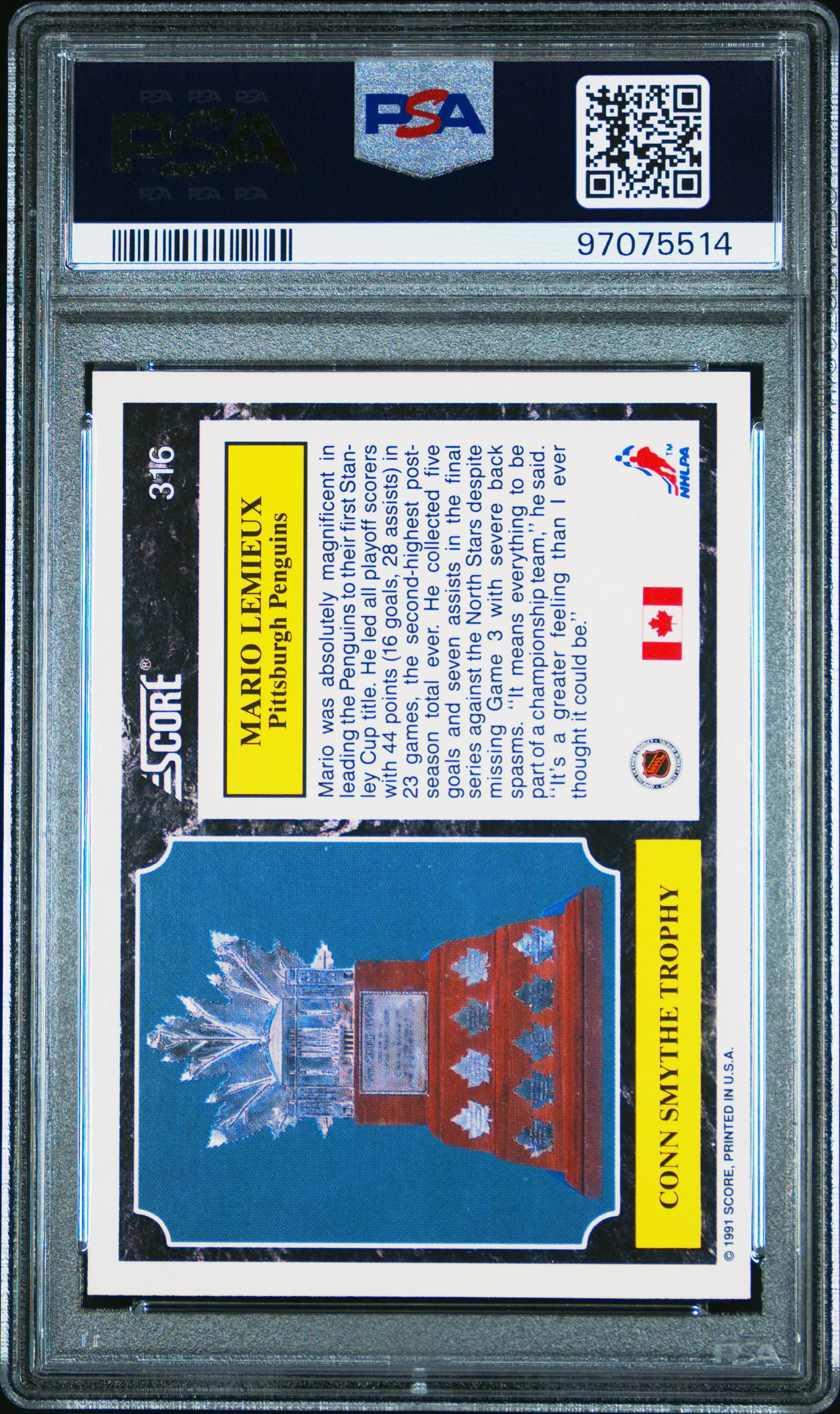 Mario Lemieux 1991 Score Canadian English Hockey Card #316 Graded PSA 10 Cert #97075514 - Image 2