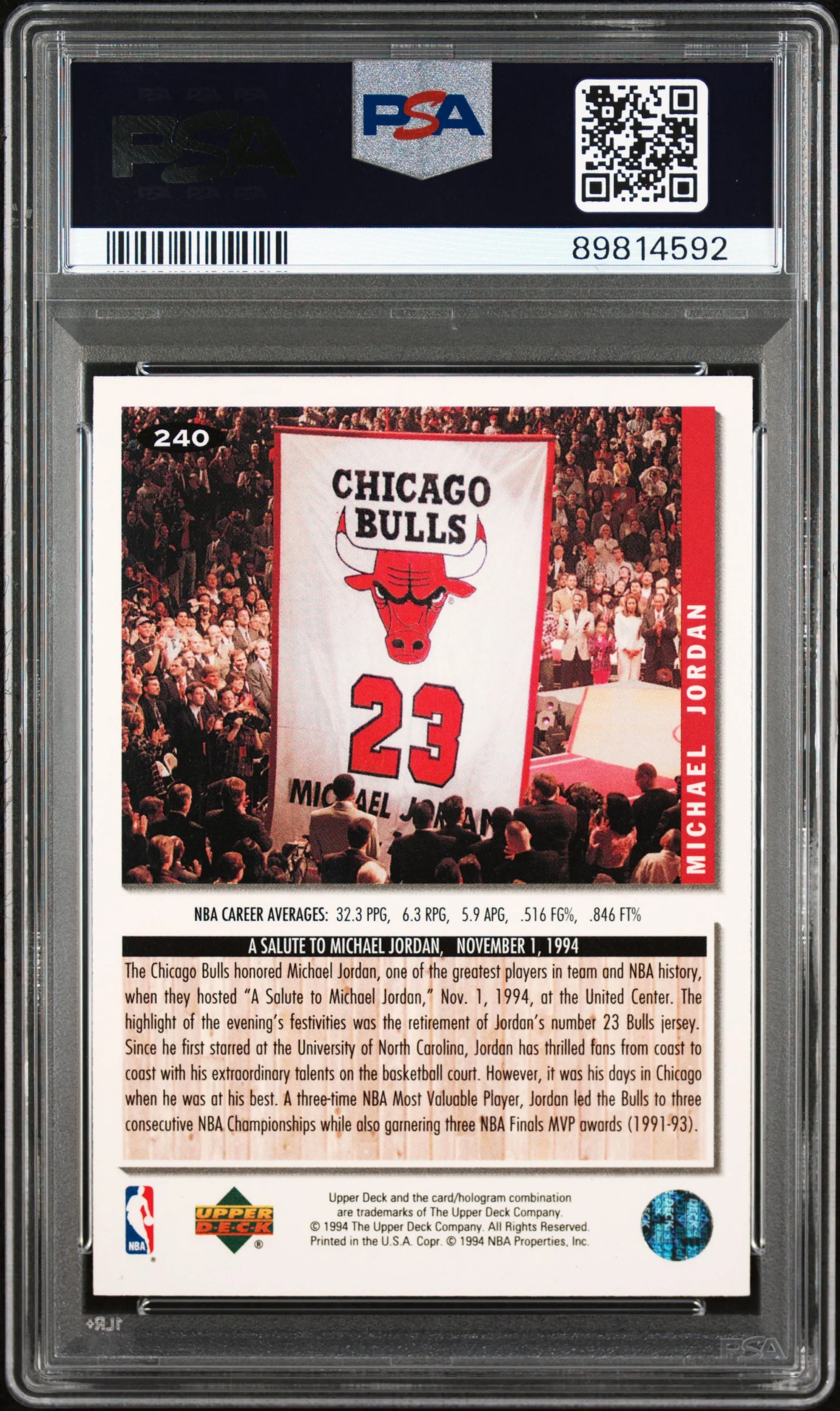 Michael Jordan 1994 Upper Deck Collectors Choice Chicago Bulls Basketball Card #240 Graded PSA 9 Cert #89814592 - Image 2