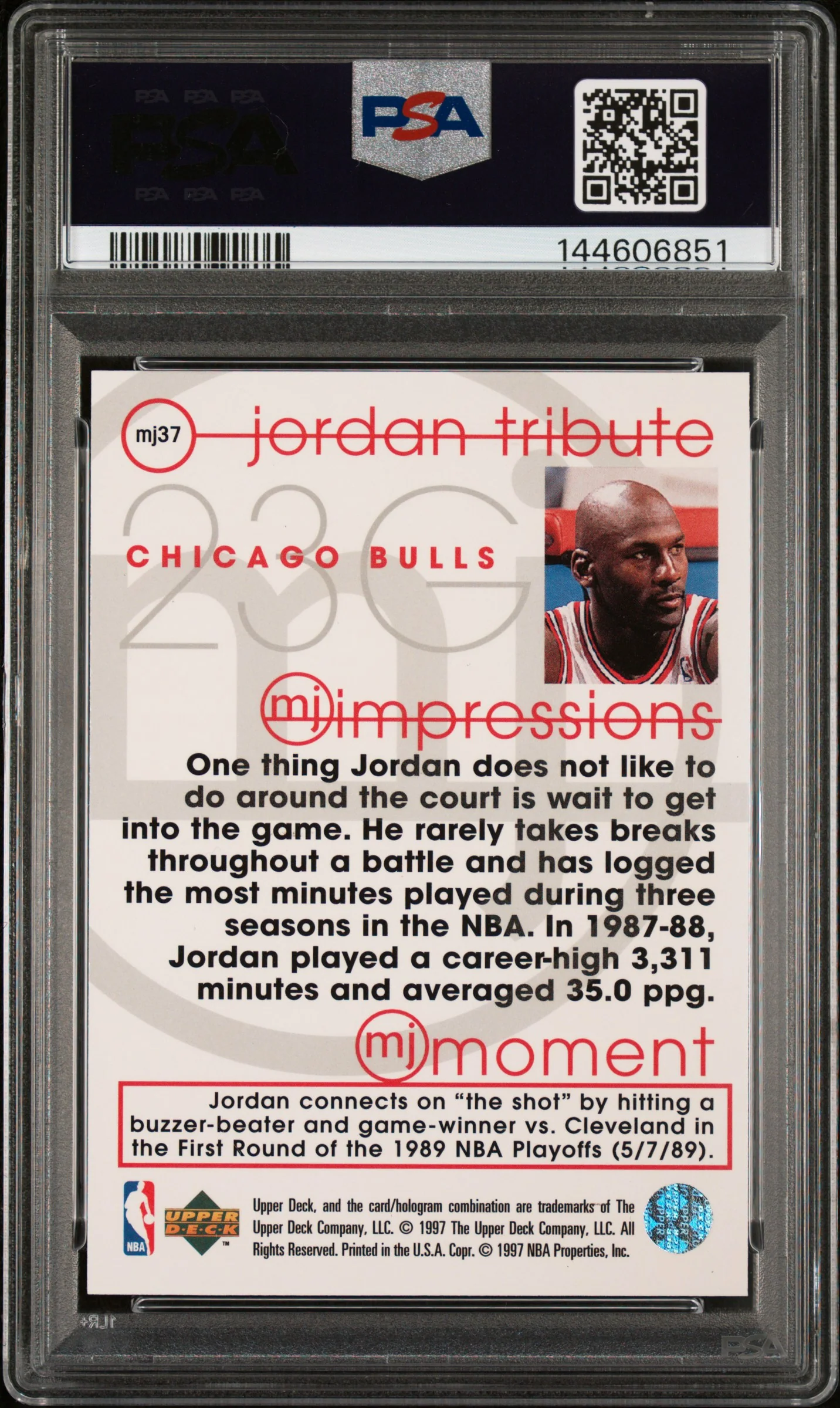 Michael Jordan 1996 Upper Deck Jordan Tribute MJ Impressions Chicago Bulls Basketball Card #MJ37 Graded PSA 9 Cert #144606851 - Image 2