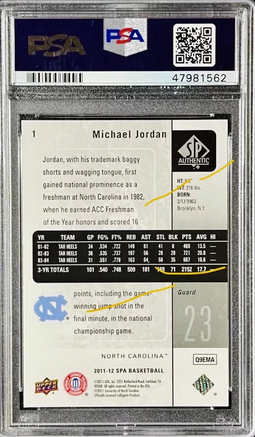 Michael Jordan 2011 Upper Deck SP Authentic Basketball Card #1 Graded PSA 10 - Image 2