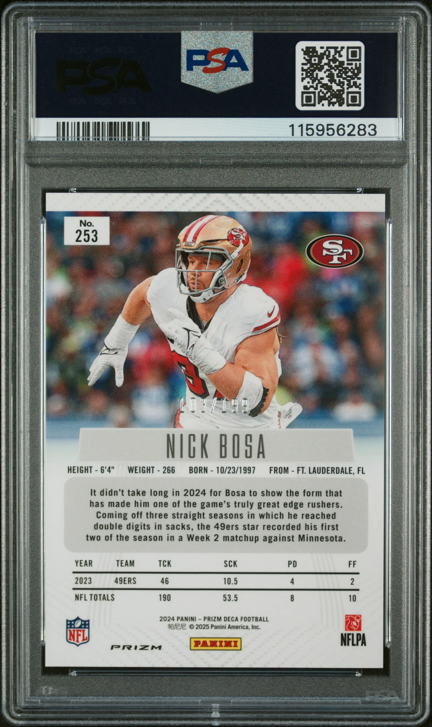 Nick Bosa 2024 Panini Prizm Deca Red Football Card #253 Graded PSA 10 103/199 Cert # 115956283 - Image 2