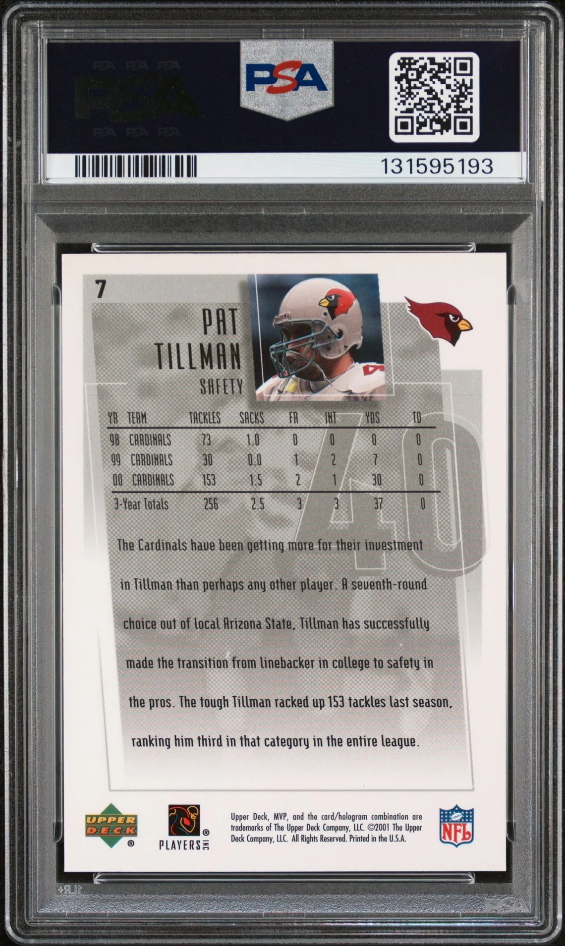 Pat Tillman 2001 Upper Deck MVP Football Rookie Card #7 Graded PSA 8 Cert #131595193 - Image 2