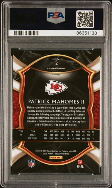 Patrick Mahomes II 2020 Panini Select Silver Prizm Kansas City Chiefs Football Card #2 Graded PSA 10 Cert #86351138 - Image 2