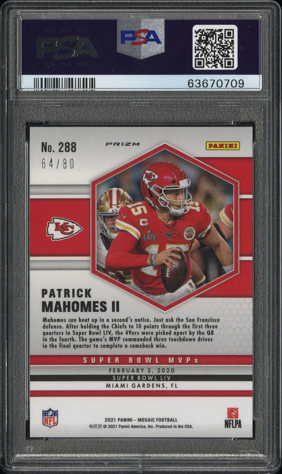 Patrick Mahomes II 2021 Mosaic Fusion Red Yellow Choice Super Bowl MVPs Kansas City Chiefs Football Card #288 Graded PSA 10 Cert #63670709 64/80 - Image 2