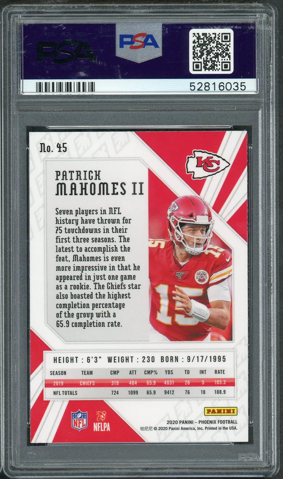Patrick Mahomes 2020 Panini Phoenix Fire Burst Football Card #45 Graded PSA 10 GEM MINT - Image 2