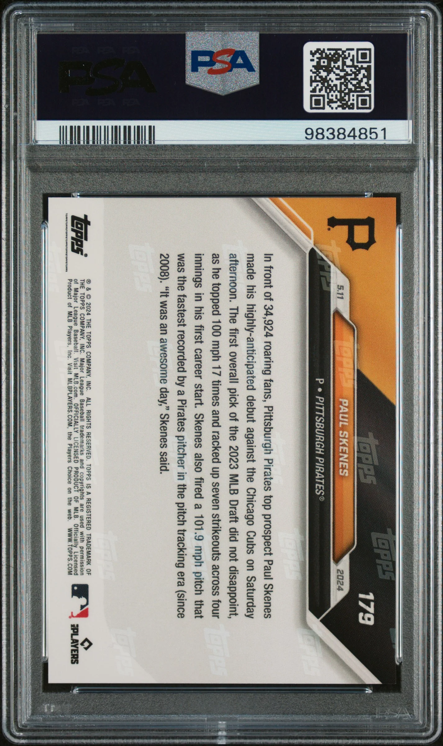 Paul Skenes 2024 Topps Now MLB Debut Pittsburgh Pirates Baseball Rookie Card #179 Graded PSA 9 Cert #98384851 - Image 2