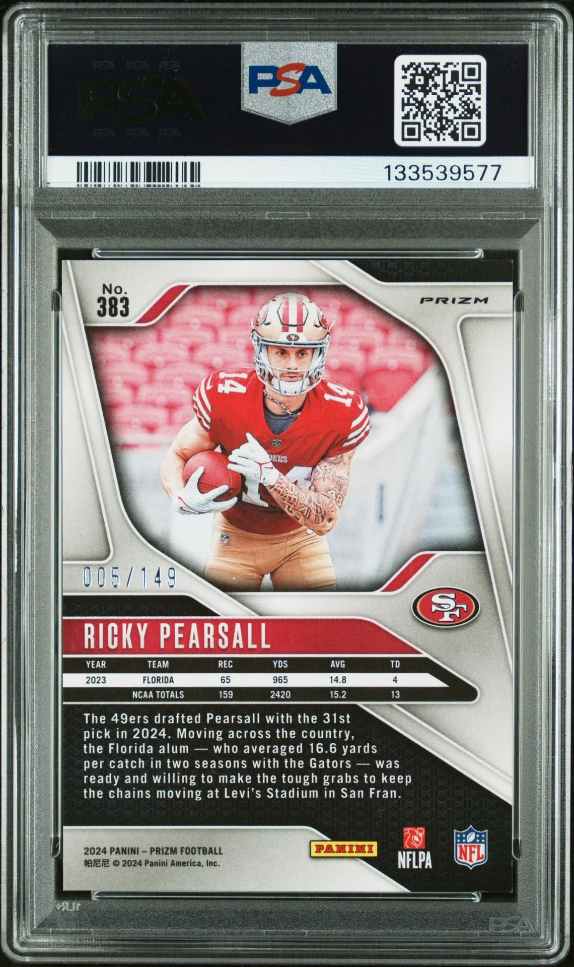 Ricky Pearsall 2024 Panini Prizm Red Wave Signed Football Rookie Card #383 Graded PSA 9 Auto Auth 6/149 Cert #133539577 - Image 2