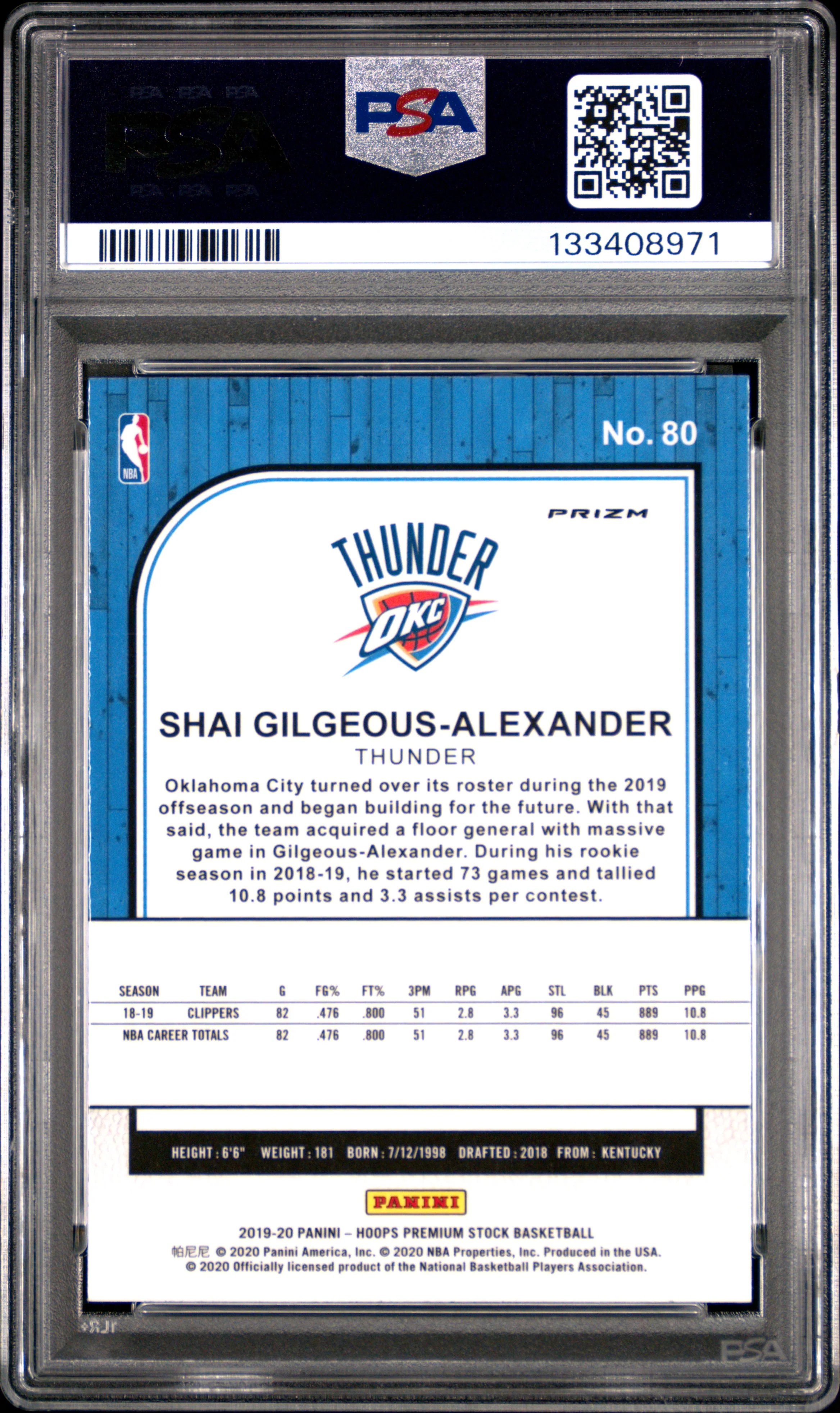 Shai Gilgeous-Alexander 2019 Hoops Premium Stock Silver Prizm Basketball Card #80 Graded PSA 10 Cert #133408971 - Image 2