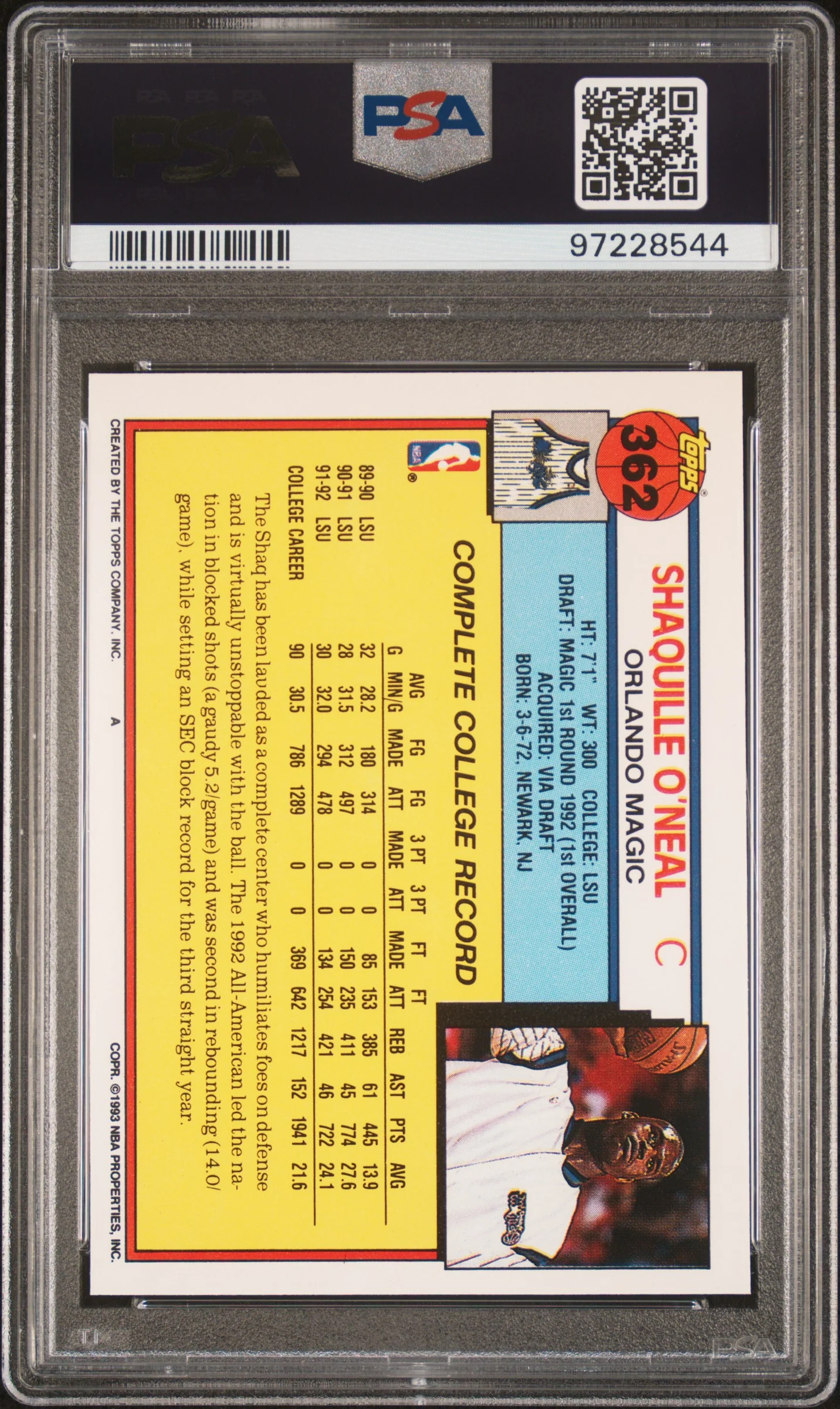 Shaquille O'Neal 1992 Topps Basketball Rookie Card #362 Graded PSA 8 Cert #97228544 - Image 2