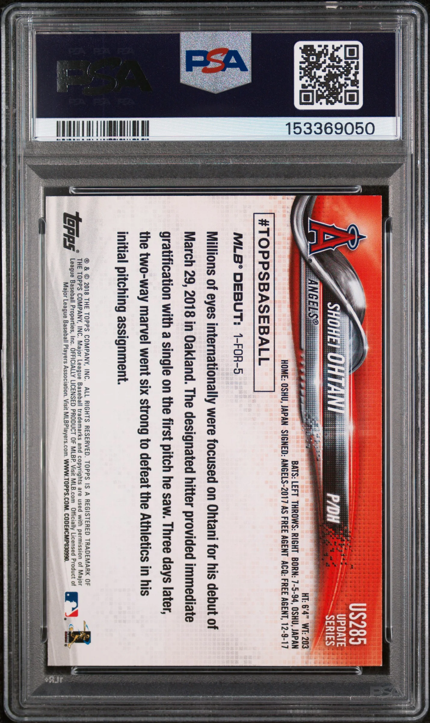 Shohei Ohtani 2018 Topps Update Rookie Debut Los Angeles Angels Baseball Card #US285 Graded PSA 8 Cert #153369050 - Image 2
