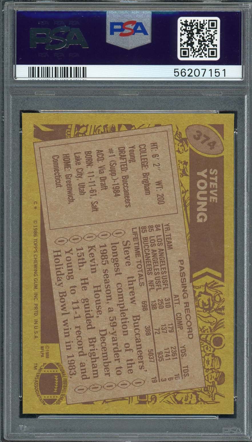 Steve Young 1986 Topps Football Rookie Card RC #374 Graded PSA 7 - Image 2