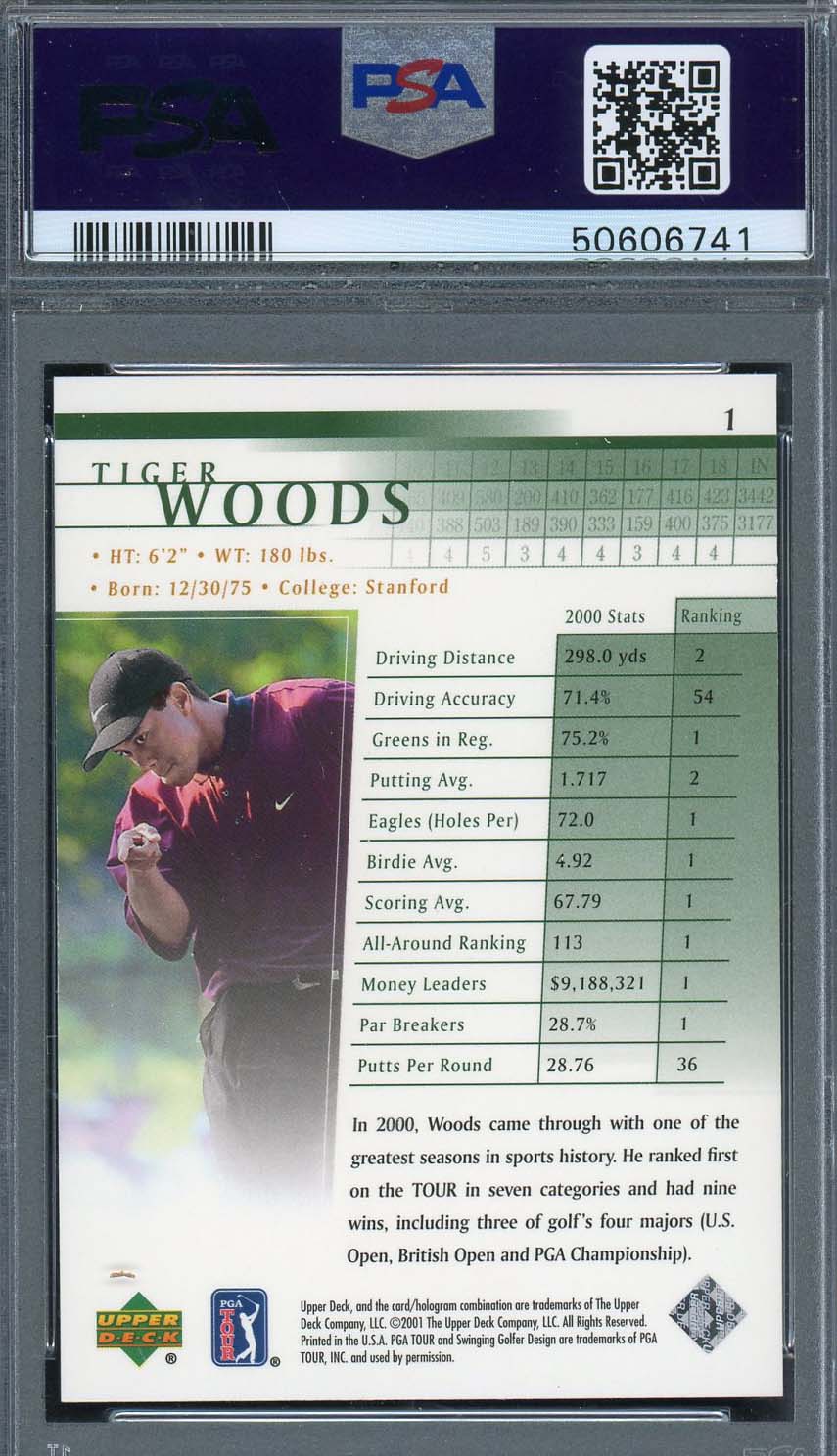 Tiger Woods 2001 Upper Deck Golf Rookie Card RC #1 Graded PSA 9 - Image 2