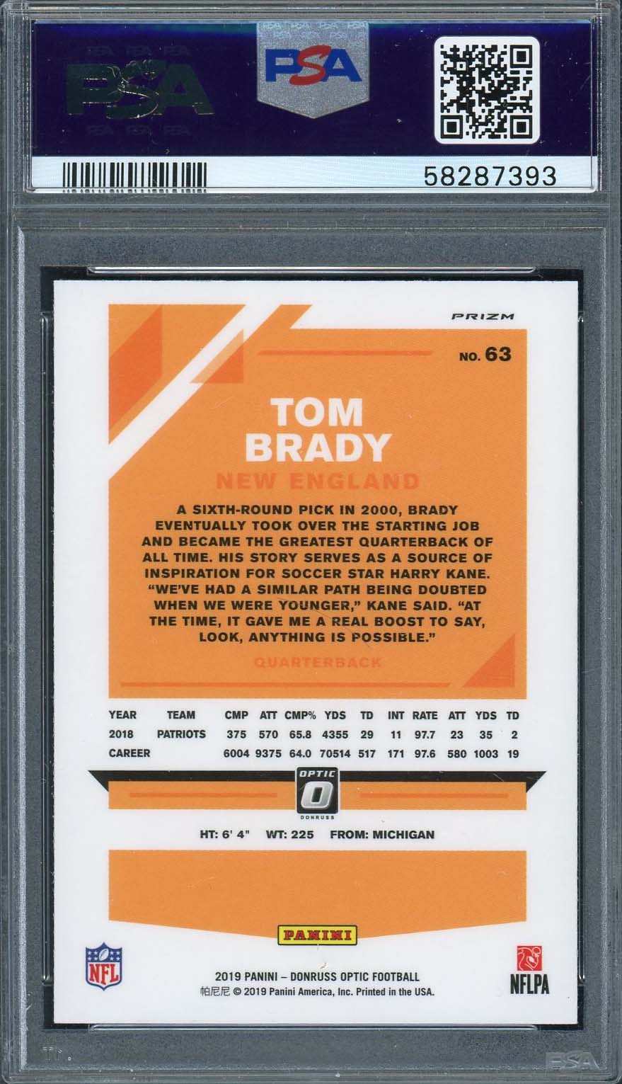 Tom Brady 2019 Panini Donruss Optic Holo Football Card #63 Graded PSA 10 - Image 2