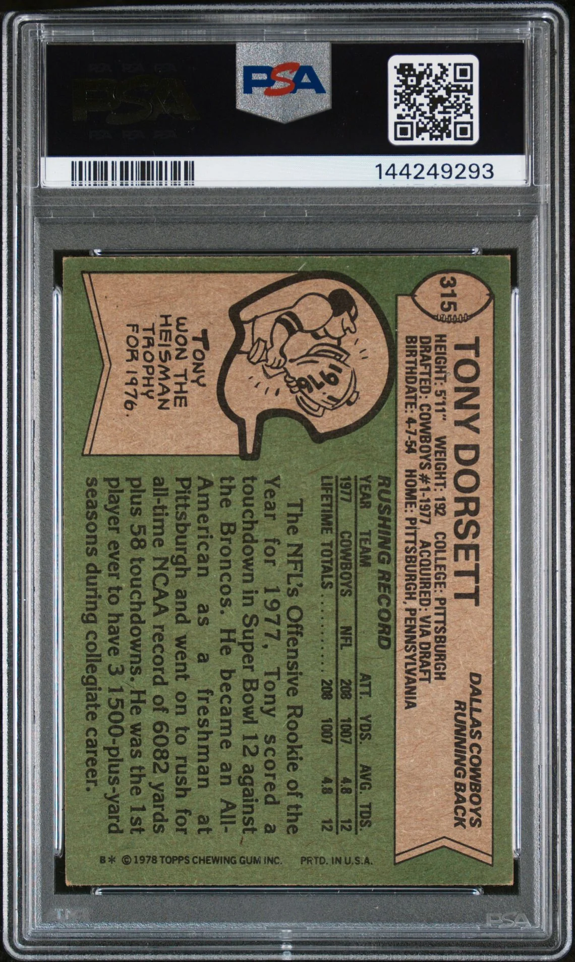 Tony Dorsett 1978 Topps Dallas Cowboys Signed Football RC Rookie Card #315 Graded PSA 6 Auto 9 Cert #144249293 - Image 2