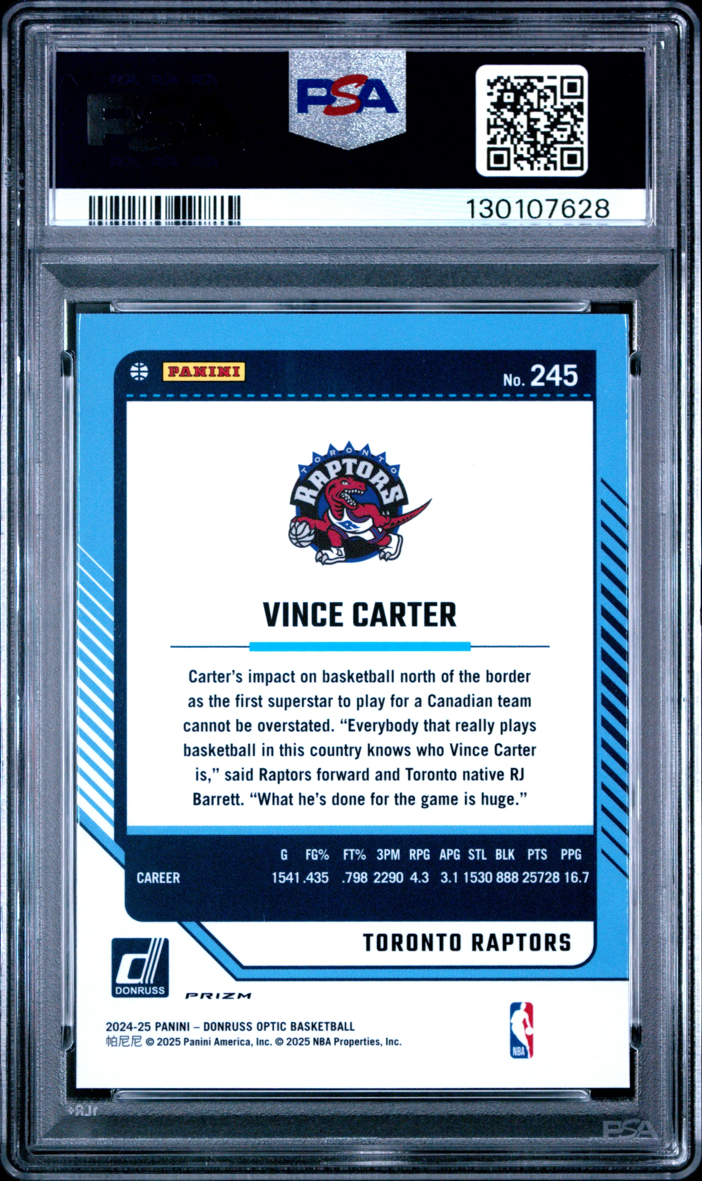 Vince Carter 2024 Donruss Optic Purple Basketball Card #245 Graded PSA 9 Cert #130107628 - Image 2