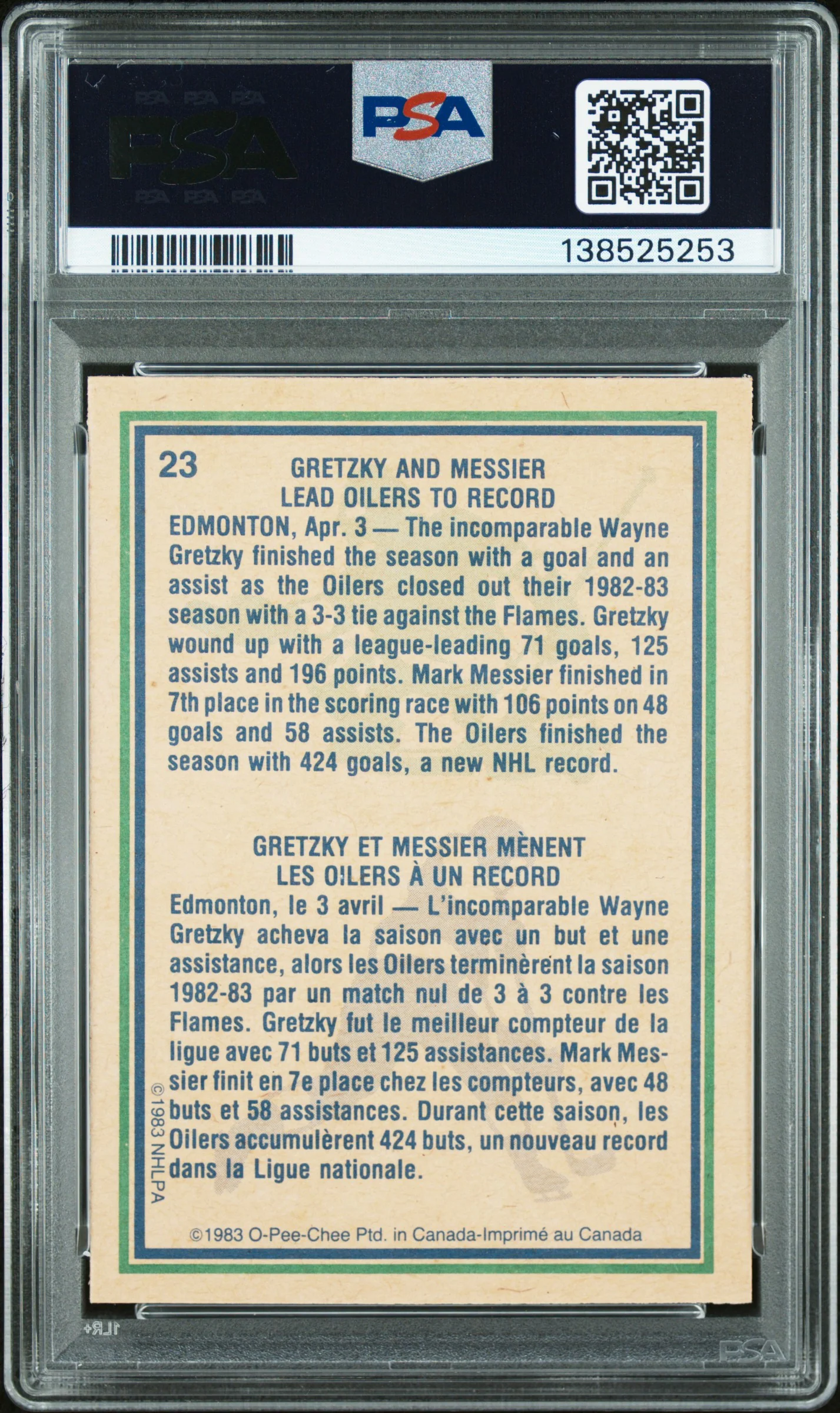 Wayne Gretzky and Mark Messier 1983 O-Pee-Chee Highlights Card #23 Graded PSA 8 - Image 2