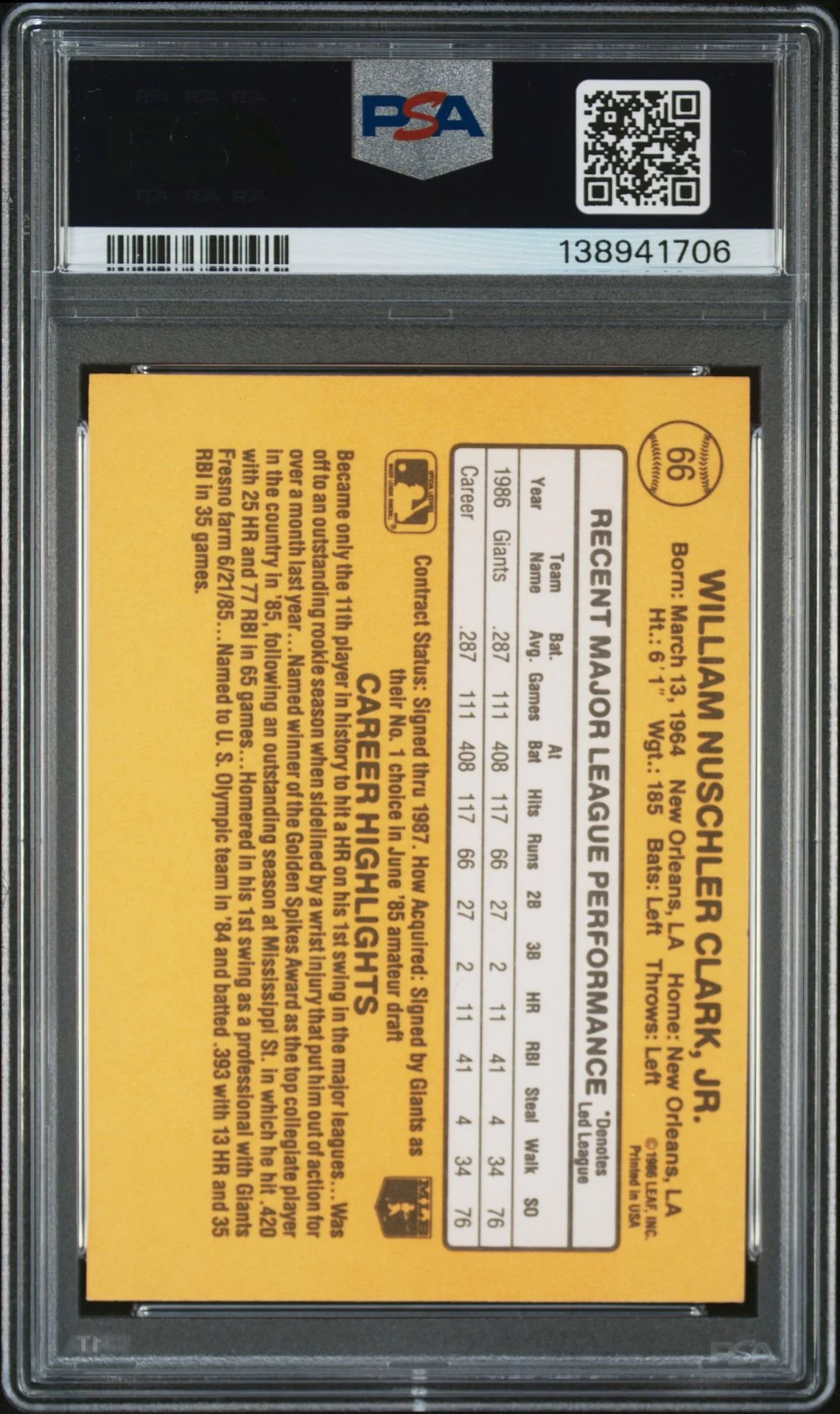 Will Clark 1987 Donruss San Francisco Giants Signed Baseball RC Rookie Card #66 PSA 5 Auto 10 Cert #138941706 - Image 2
